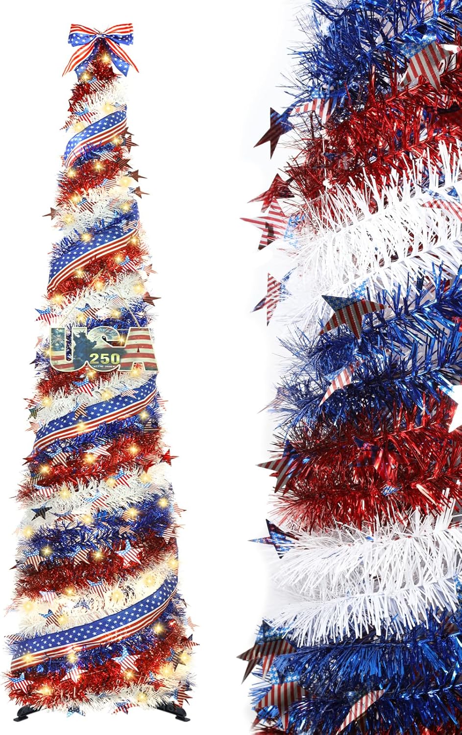 HMASYO 6 FT Pop Up 4th of July Patriotic Tinsel Tree with 100 Timer Lights – USA 250th Anniversary Decorations Collapsible Pencil Tree for Independence Day, Memorial Day & Veterans Day