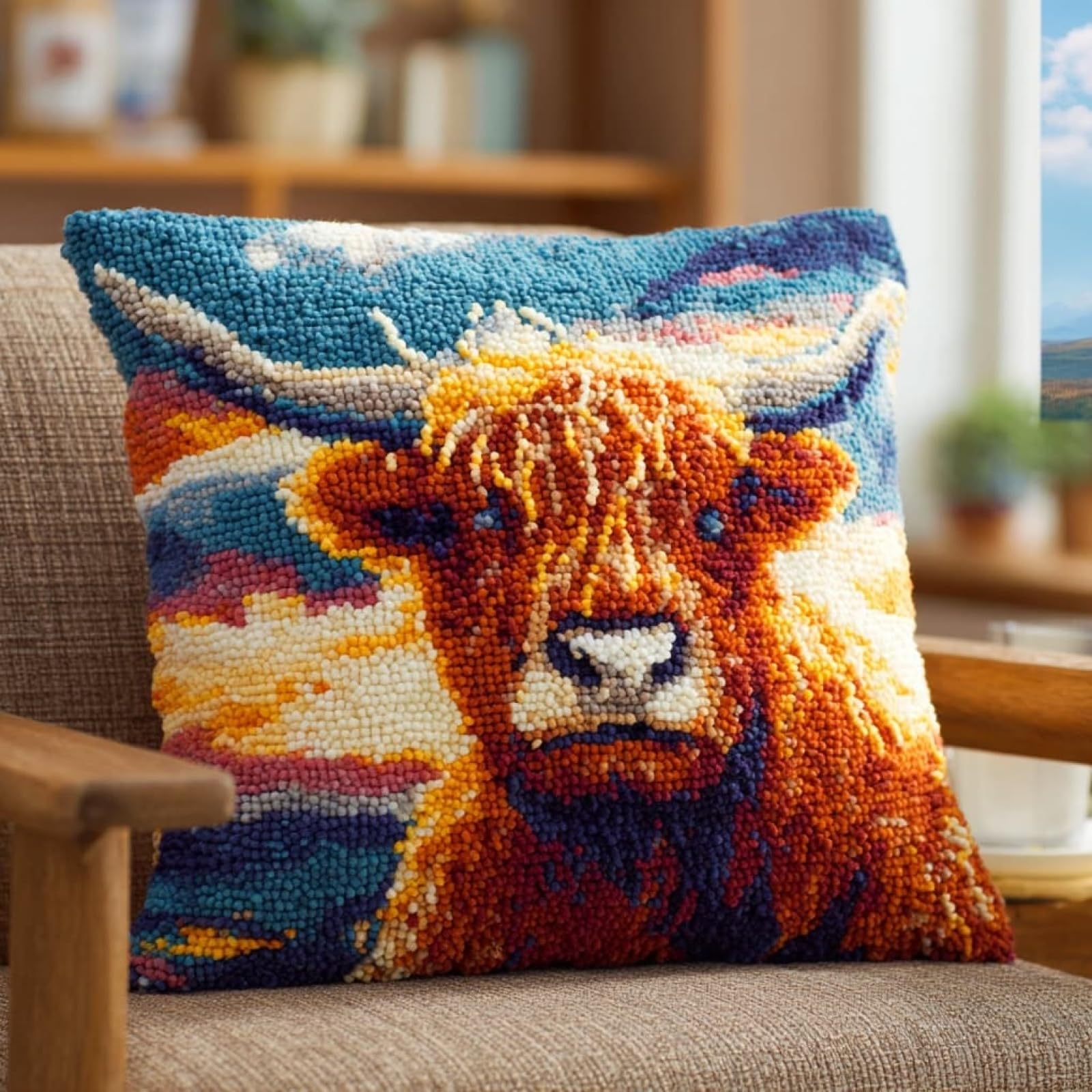 Henypt Latch Hook Pillow Making Kit 43x43cm,Highland Cattle Printed Canvas Needlework Set,Relaxing Handmade Craft for Home Bedroom Decoration