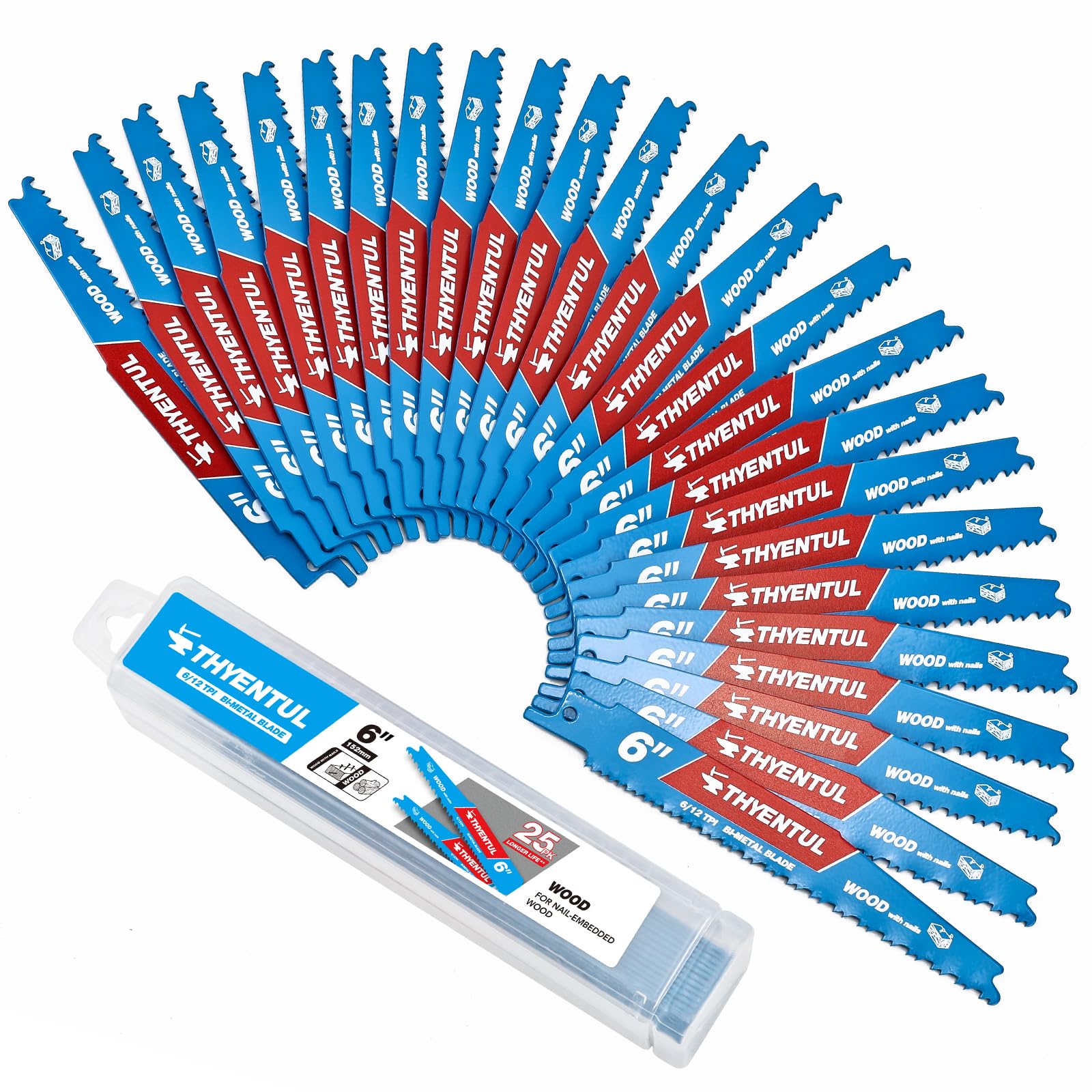 25 Pack 6in 6/12TPI Stud and Nail-Embedded Sawzall Blades,Bi-Metal Demolition Reciprocating Saw Blade for Nail-Embedded Wood Cutting,Garden Pruning,
