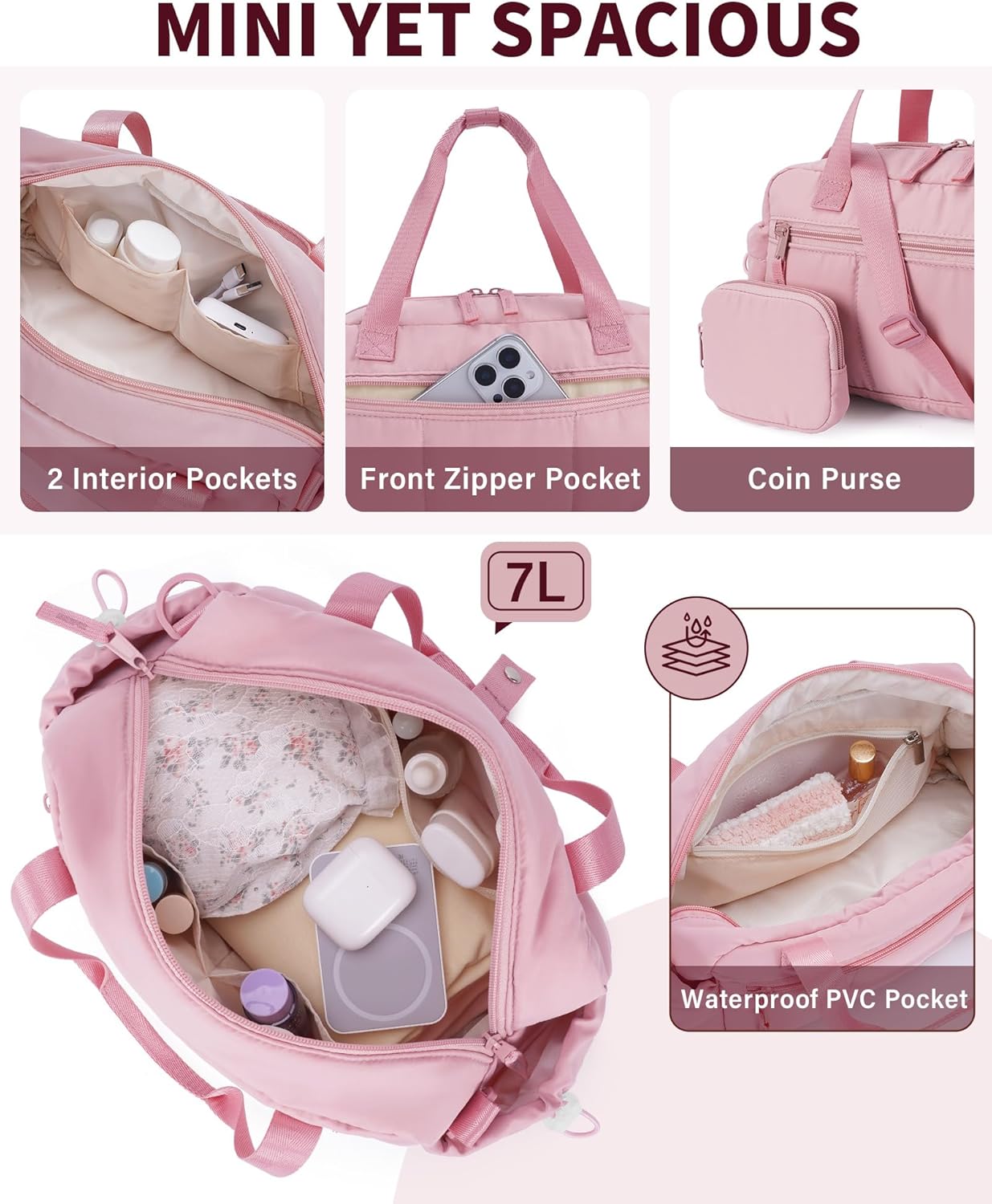 Ceneda Small Gym Bag for Women, Quilted Puffer Tote with Wet Pocket & Coin Purse, Lightweight Mini Sports Travel Duffle with Crossbody Strap, Water-Resistant for Workout, Yoga, Daily Commute - Image 4