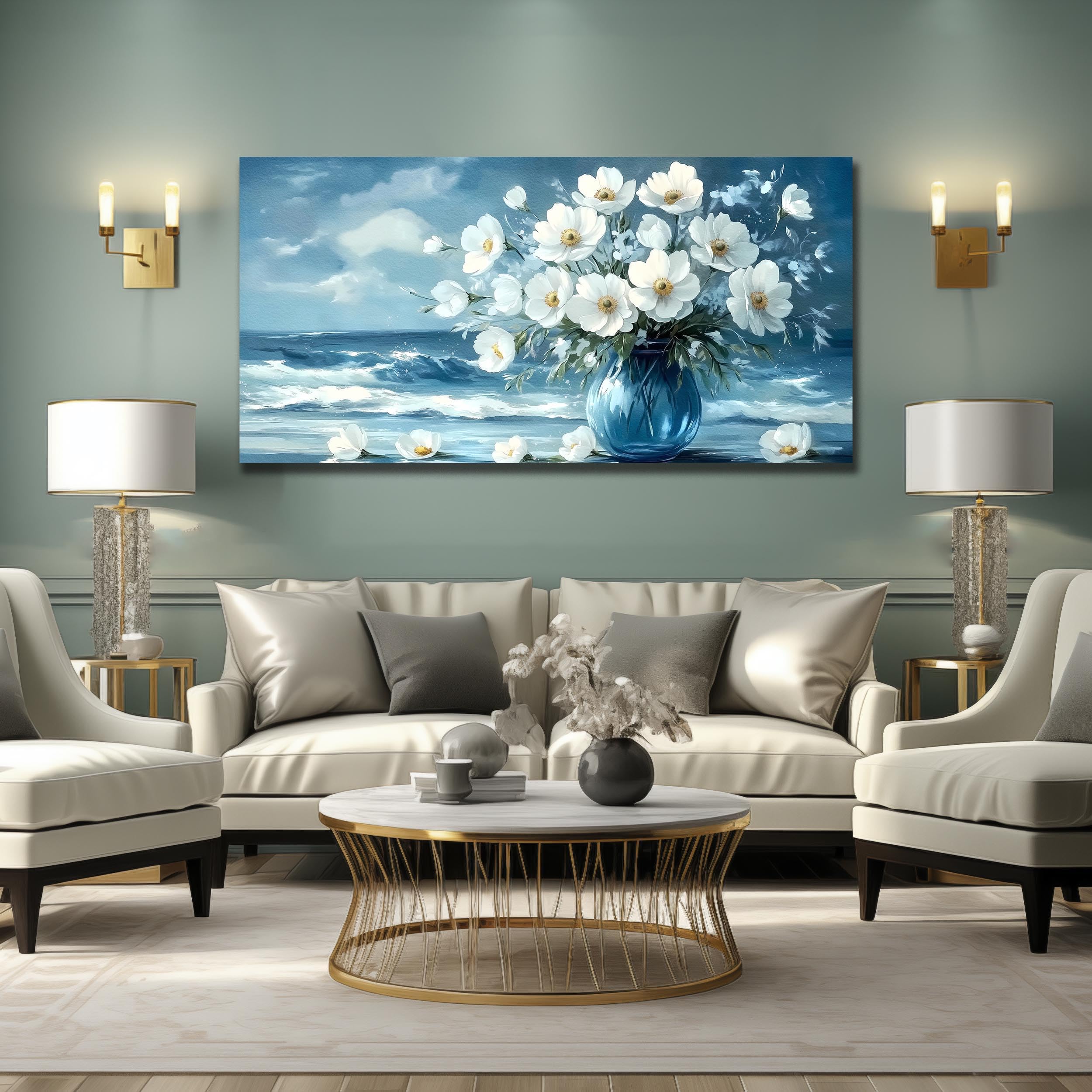 AEFOUU Cuadro floral para sala de estar, lienzo decorativo con motivos oceánicos para dormitorio, lámina decorativa azul y blanca para oficina (30x60cm/marco interno)