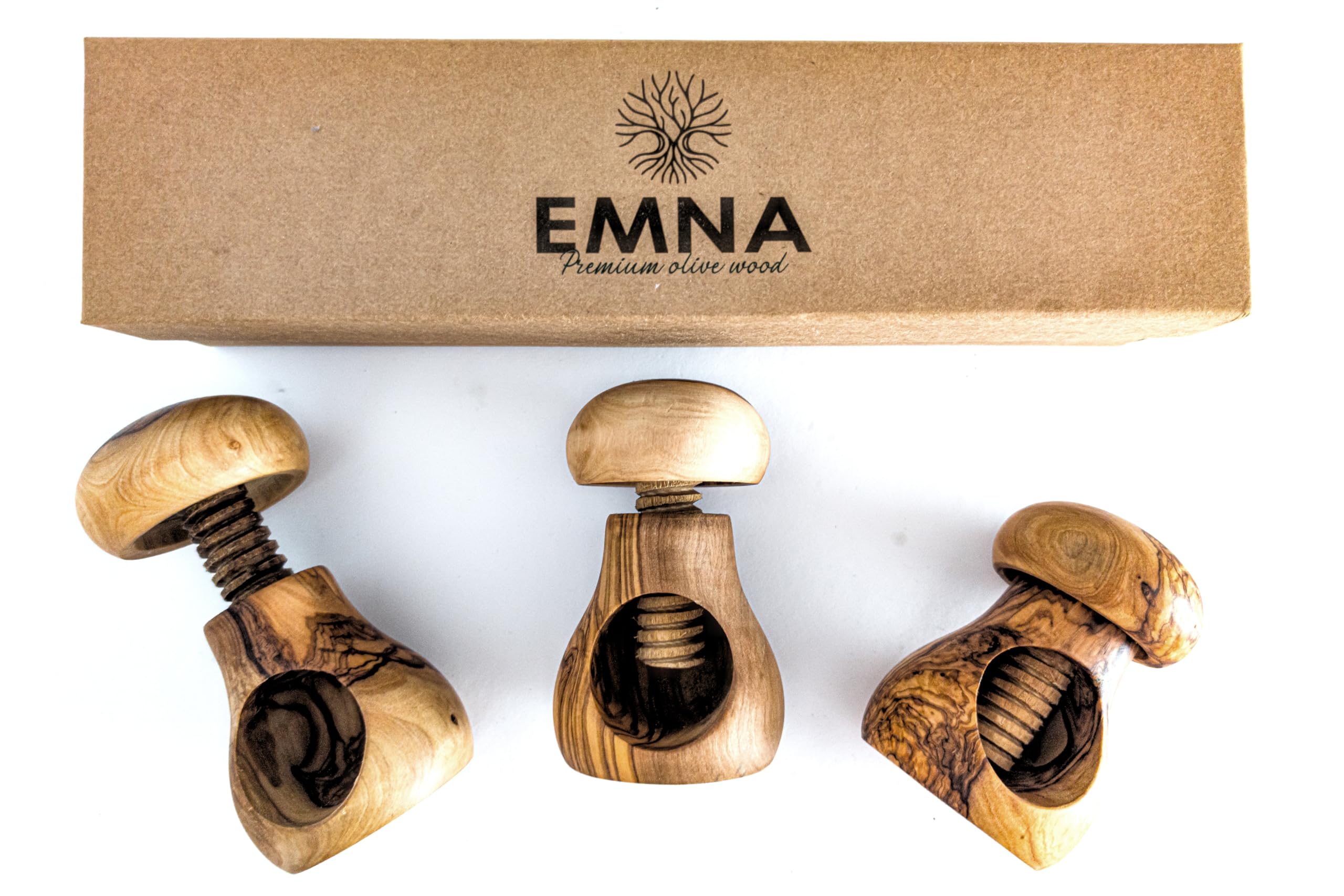 EMNA – Set di 3 schiaccianoci in legno d'ulivo, idea regalo in pregiato legno d'oliva, realizzato a mano a forma di fungo (circa 10 cm) con filettatura a vite, sicuro, durevole, decorativo, Natale,