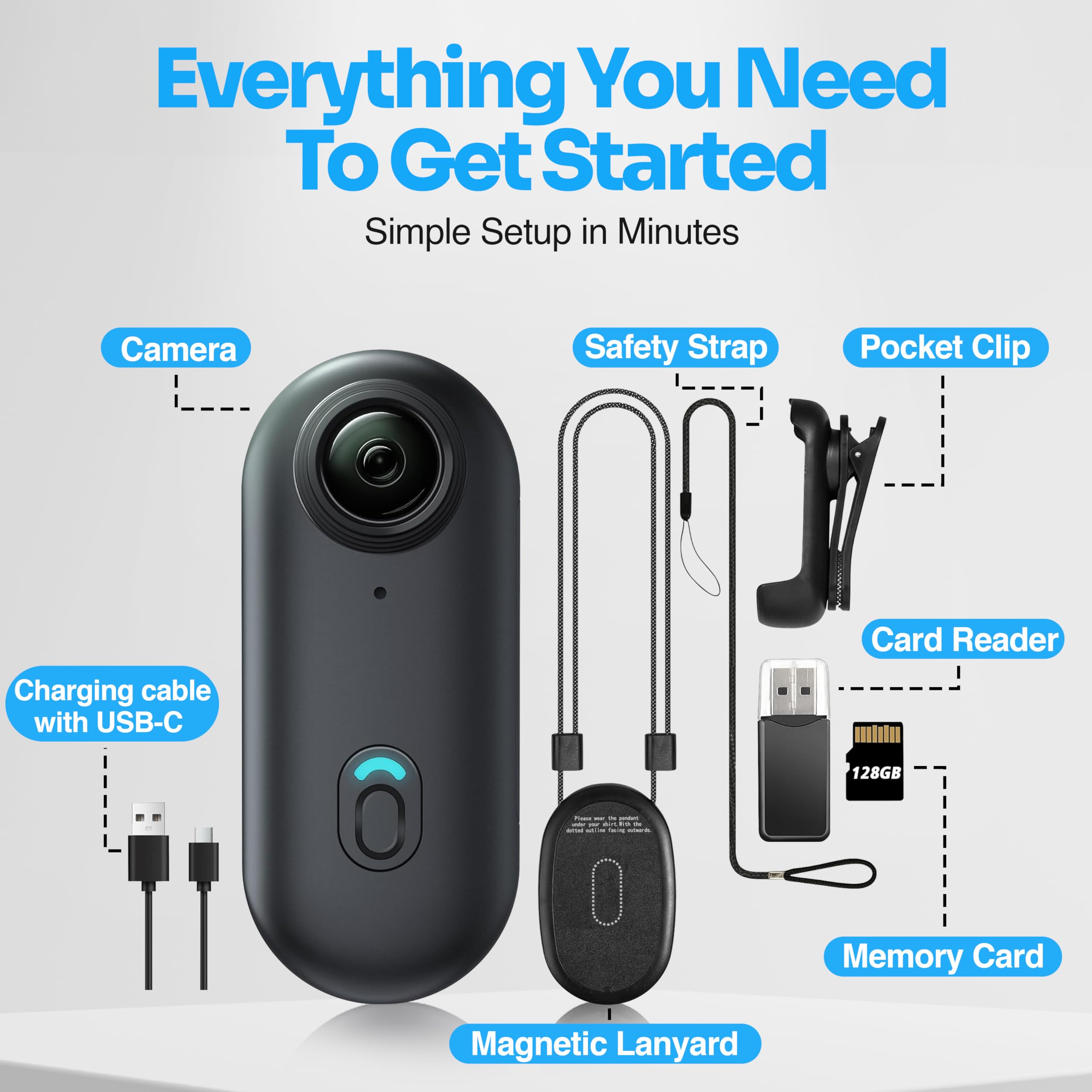 TIROL SUPPLIES Mini telecamera POV 4K UHD con cordino magnetico, registrazione MP4, visualizzazione app, ricaricabile tramite USB, supporto portatile compatto ovunque per ciclismo, escursionismo