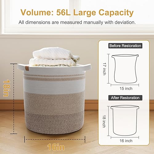 Miniatura 3 de BROVIEW Cesta de almacenamiento tejida, cestas altas de lavandería de 16 x 16 x 18 pulgadas, cesta de cuerda de algodón para juguetes, almohadas,