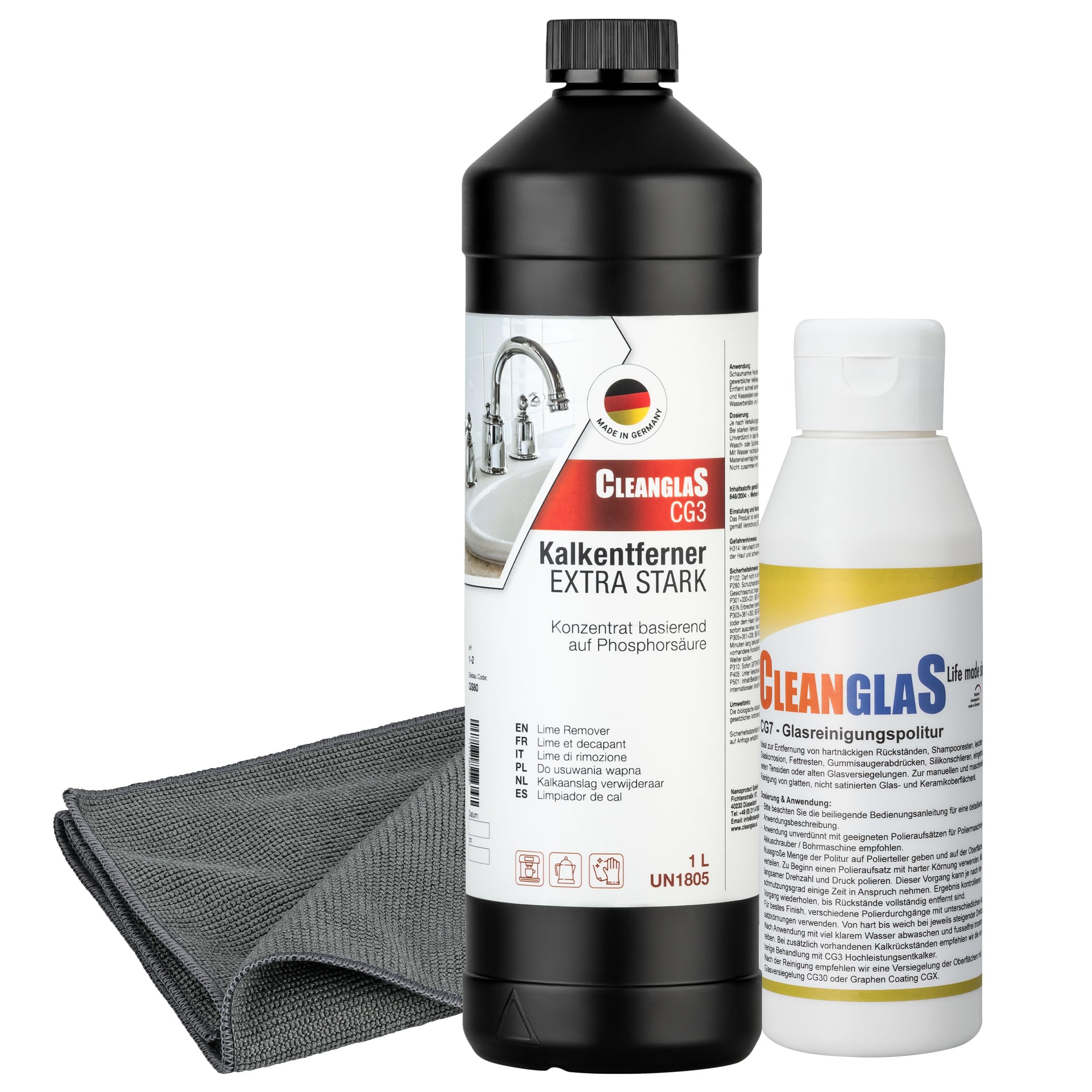 Reinigungsset für Bad & Duschkabinen Reinigung | 1L Kalkentferner Dusche Stark | Antikalk Reiniger für Urinstein | 250ml Glasreinigungspolitur für kratzfreie Glas-Politur | Bad Reiniger extra stark