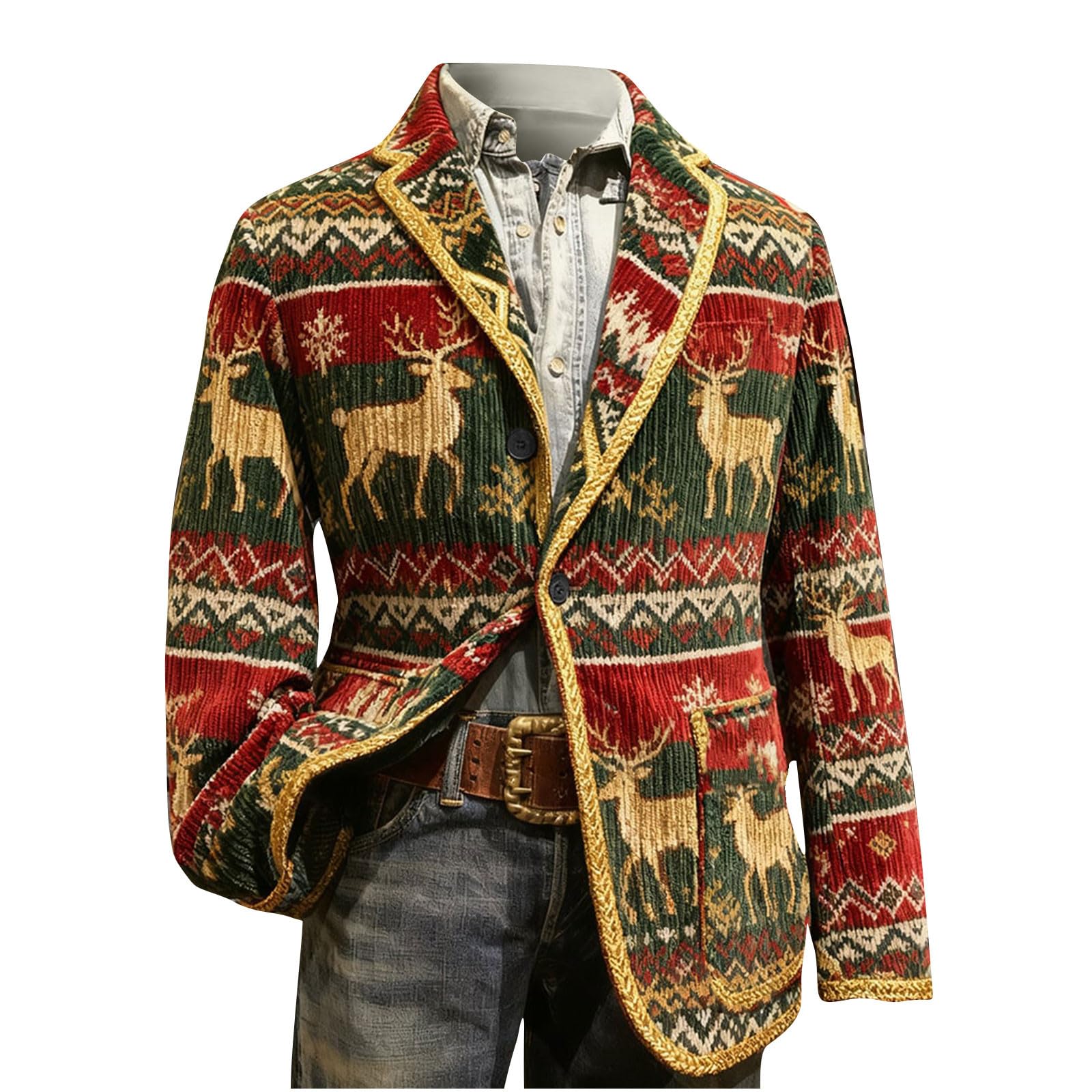 Herren-Weihnachtsanzug Cord Weihnachtsblazer Rentier Druck Weihnachtsjacken Lustig Weihnachtsmotiv Weihnachtssakko Festliches Outfit Lässiger Button Mantel Leisure Jacket Männer Party Kostüme Xmas