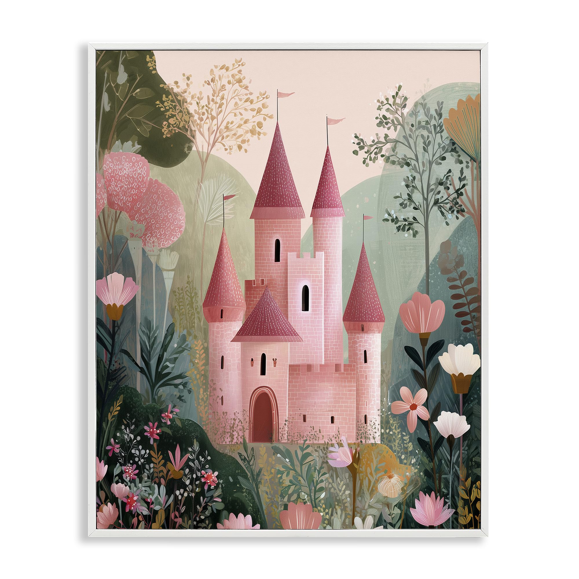 Stupell Industries Coastal White (Textured) Princess Castle Floral Fairytale, 11 X 14 Inch Framed Giclée Print