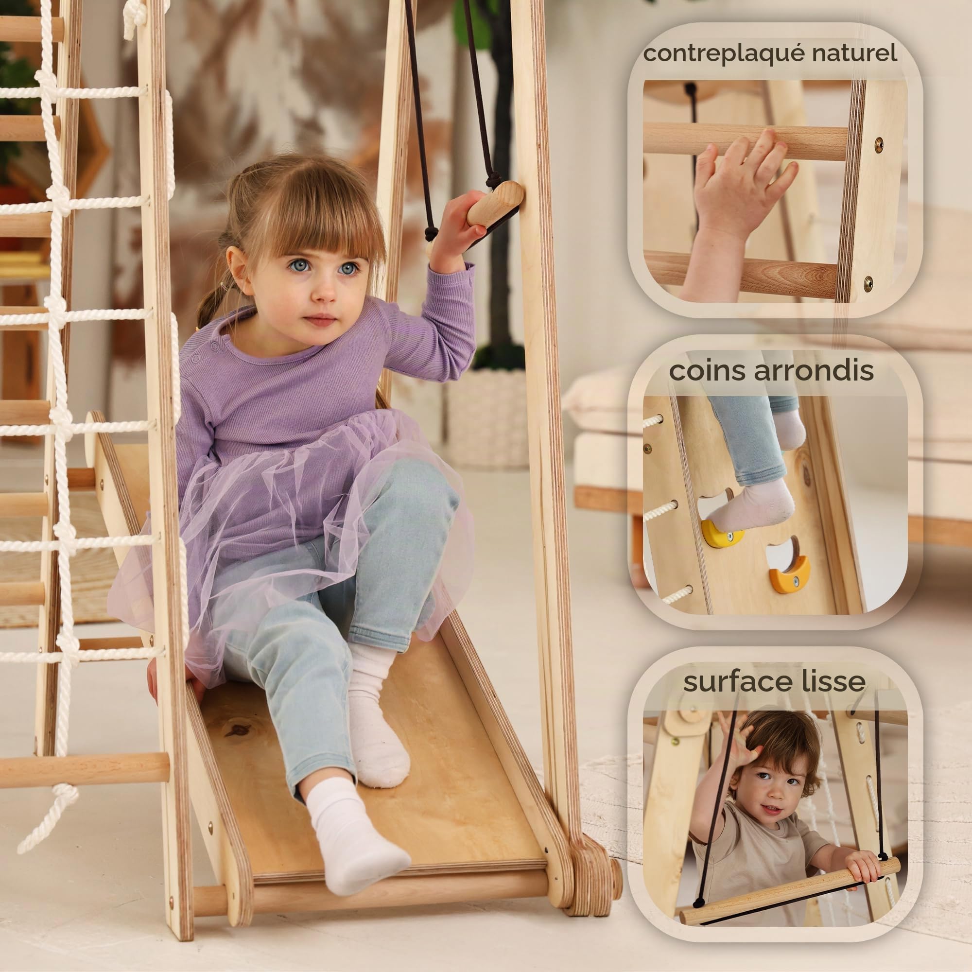 Jungle gym d’intérieur en bois 9-en-1 pour enfants, avec espalier suédois, barres de singe, barre de traction, anneaux, balançoire, échelle de corde, planche d’escalade, toboggan et plateforme