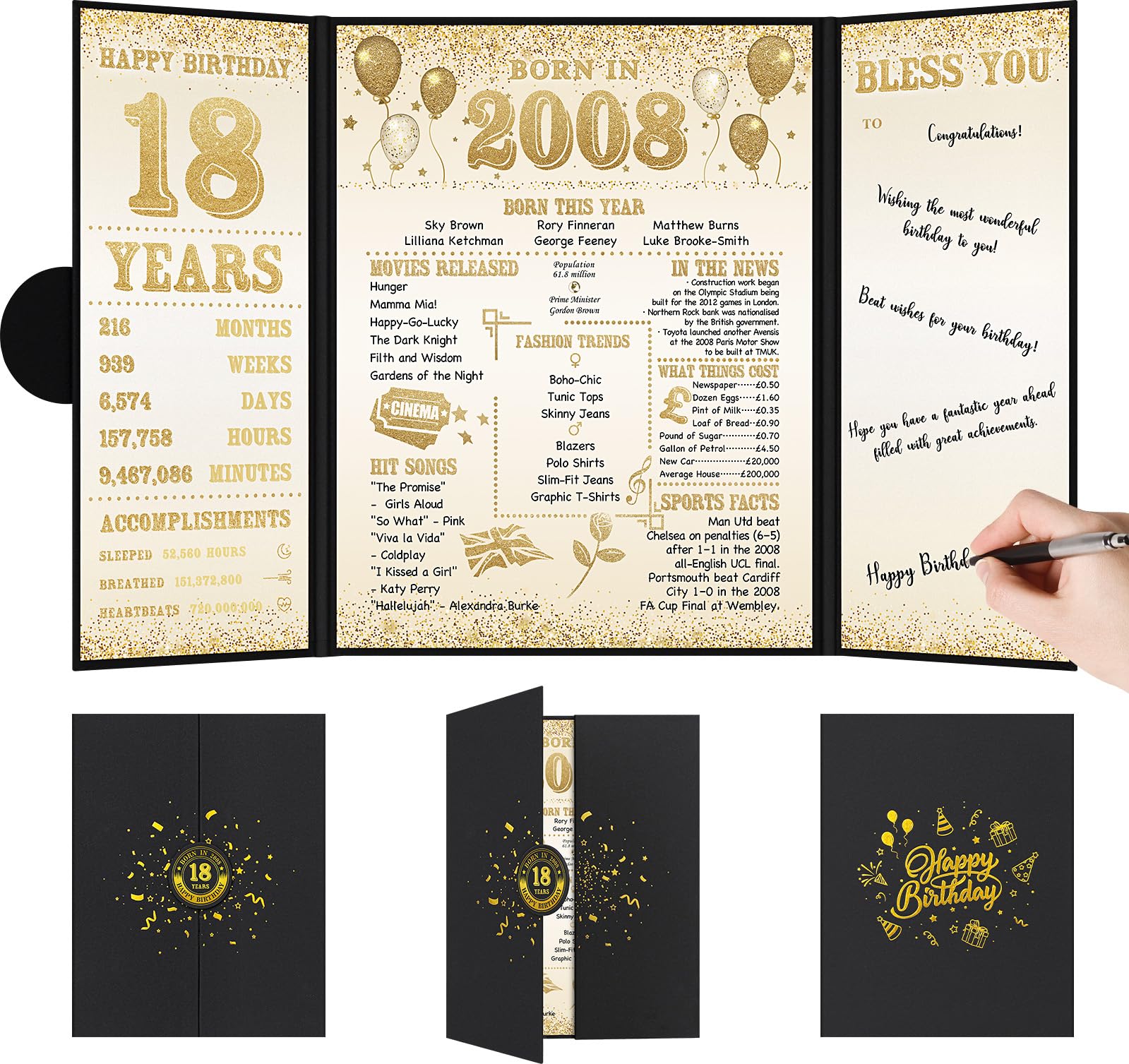 Benjia 18th Birthday Decoration, Bday Card Gift Guest Signing Book for Boys Girls, Born in 2008 UK Poster Guestbook, 18 Years Old Signature Board, Black Gold Birthday Party Decor for Son Daughter