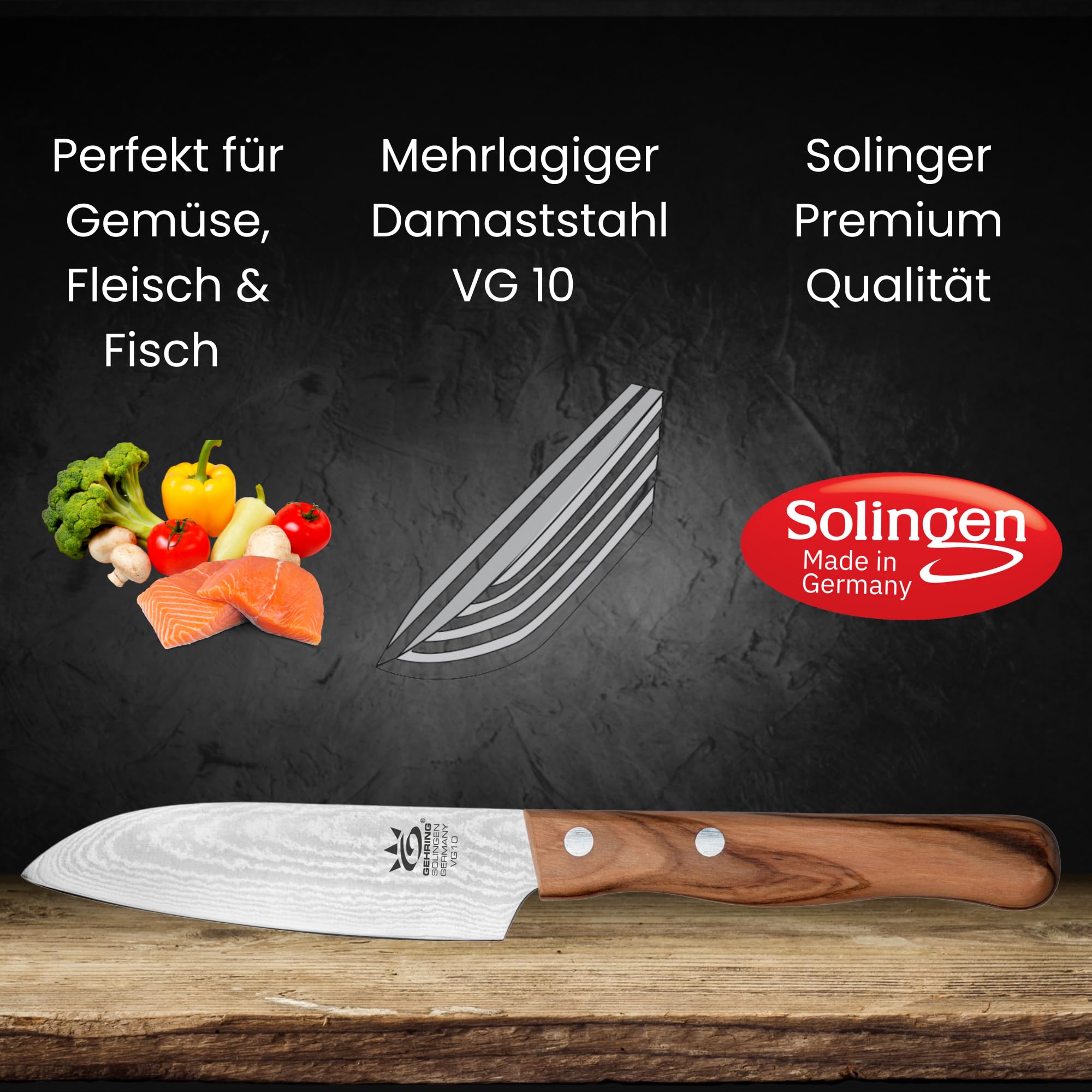 Solingen Look Damast Santokumesser 11 cm I scharfes Profi Küchenmesser I eisgehärter Damaststahl VG10 I ergonomischer Olivenholzgriff I Damastmesser I Made in Germany