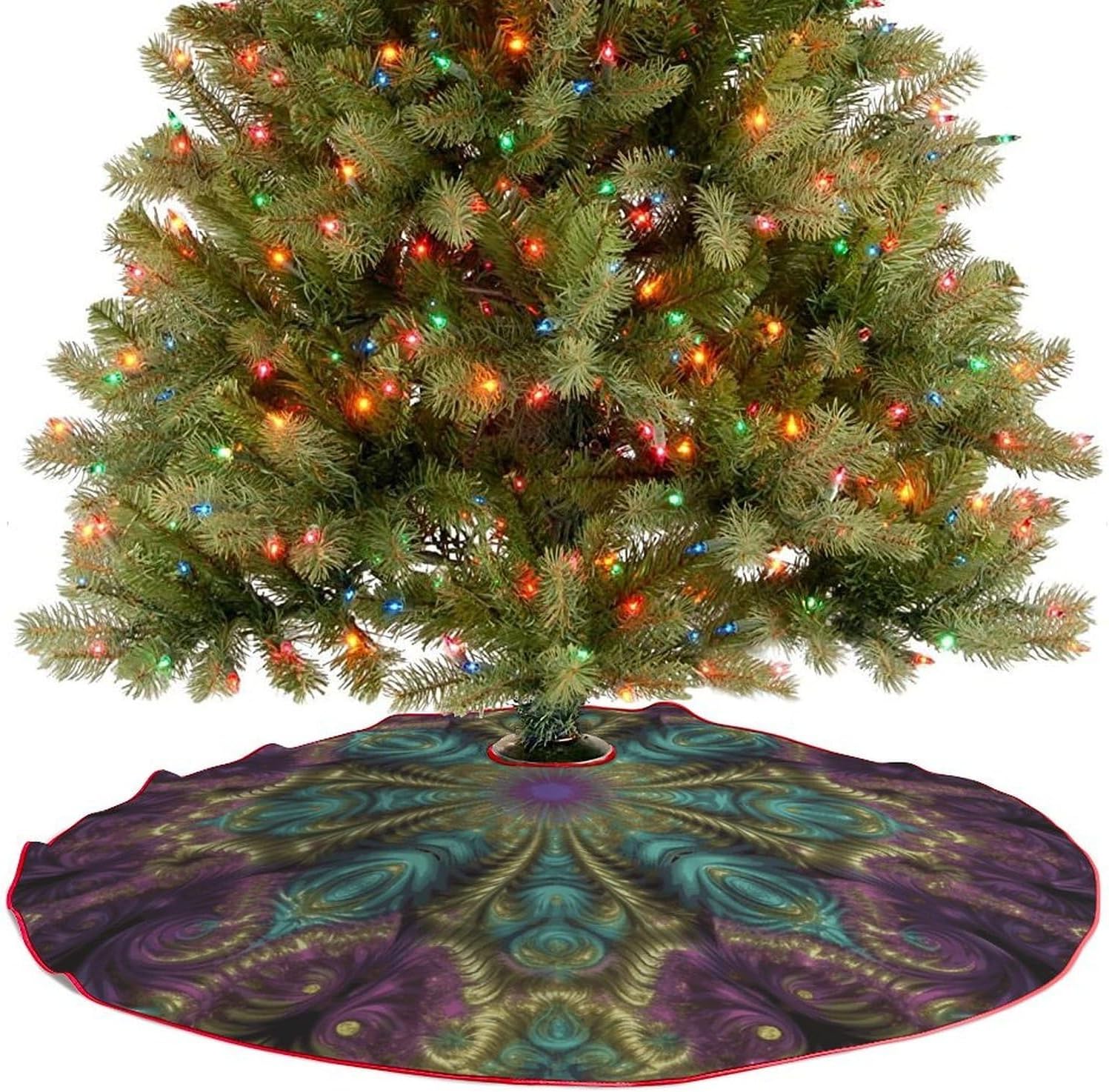 Christmas Tree Skirt,for Xmas Tree Holiday Party Decorations Fractal Art Printed Christmas Tree Mat Red Lace-up Christmas Tree Dress
