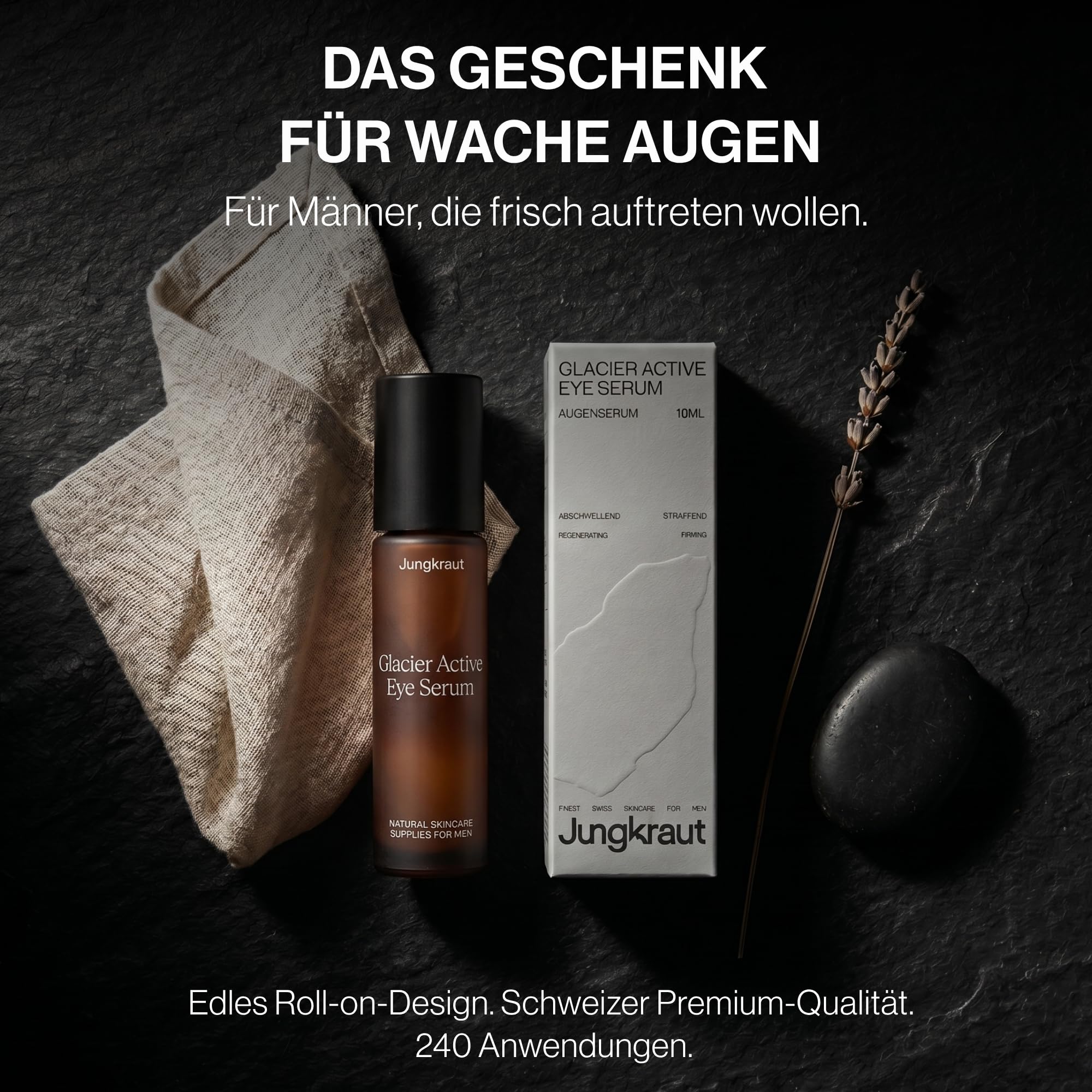 Glacier Active Eye Serum für Männer 10ml, Natürliches, hochkonzentriertes Serum gegen Augenringe, Schwellungen, erste Falten, Mit Hyaluronsäure und Koffein, kühlender Roll-on (vegan)