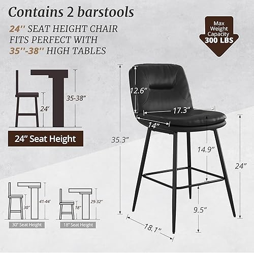 Miniatura 2 de Juego de 2 taburetes de bar tapizados de doble capa para isla de cocina, pub, taburetes de bar de piel sintética con respaldo, sillas de bar de 30