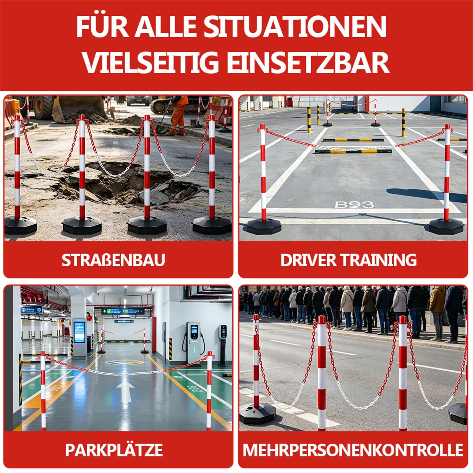 4 Stück Kettenpfosten Absperrpfosten aus Kunststoff mit Absperrkette, Kettenständer Poller Sperrpfosten mit Standfuß, parkplatz absperrung befüllbar mit Wasser und Sand