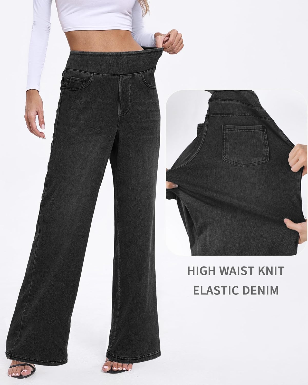 Wide Leg Pull On Jeans Womens High Rise Stretchy Jeans Denim Pants with Elastic Waist Tummy Control Straight Leg Pant - Image 4