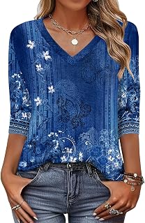 Womens 3/4 Length Sleeve Tunic Tops Casual V Neck Shirts Basic Tees Business Work Blouses Summer Fall 2025 Clothes