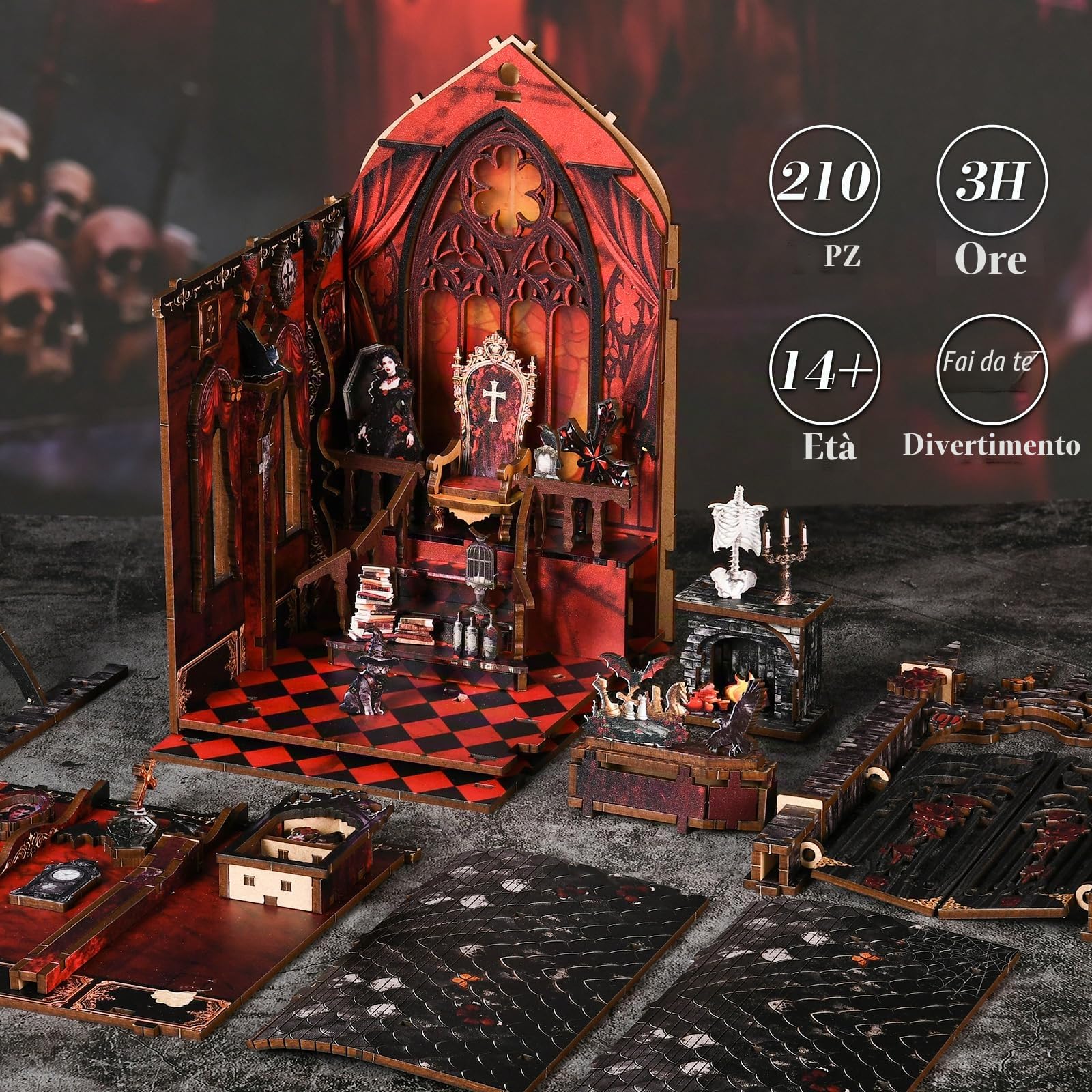 Book Nook Kit In stile gotico- Miniature del Dark Castle, puzzle in legno 3D fai da te con LED-Case delle Bambole, set fai da te per adulti, Idea Regalo Creativa, decorazione per libreria