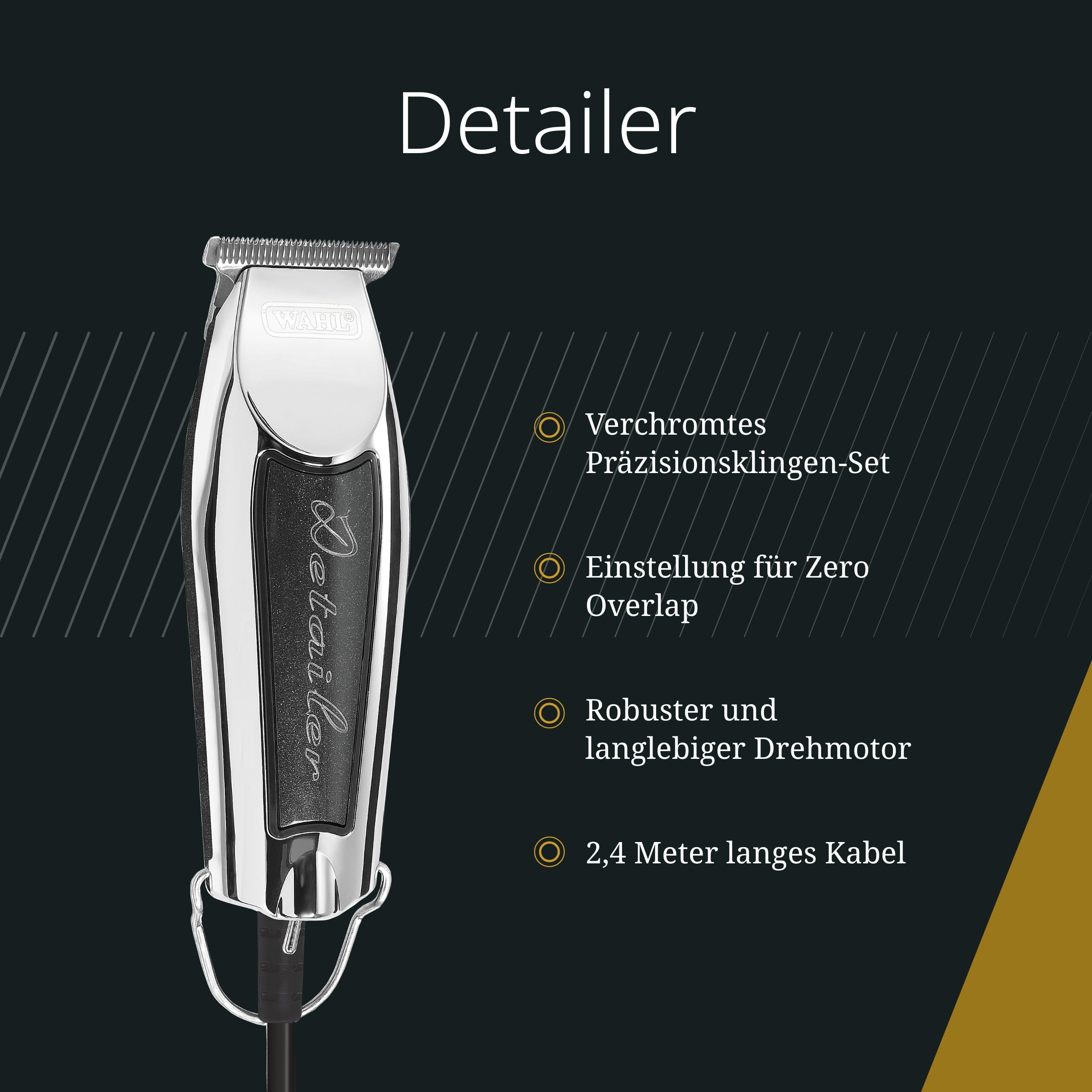 Wahl Detailer Trimmer - Leistungsstarker kabelgebundener Trimmer für Kantenbearbeitung und Detailarbeiten, schwarz/chrom