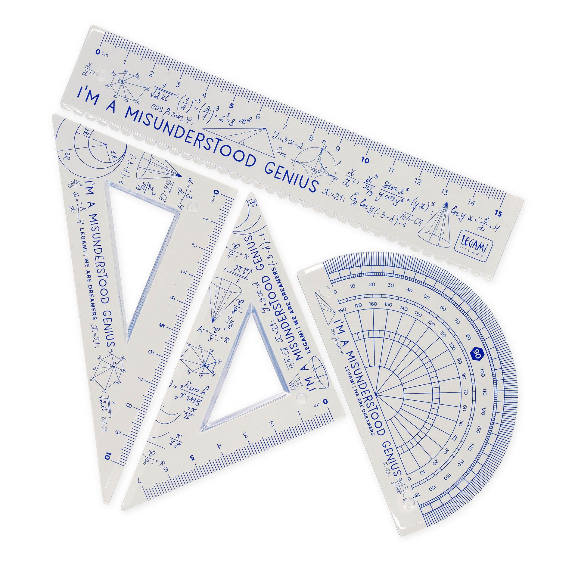 Legami - Juego de geometría, juego con regla de 15 cm, cuadrado de 60° de 10 cm, goniómetro de 180° para la escuela, estuche incluido, material flexible, Tema Genius