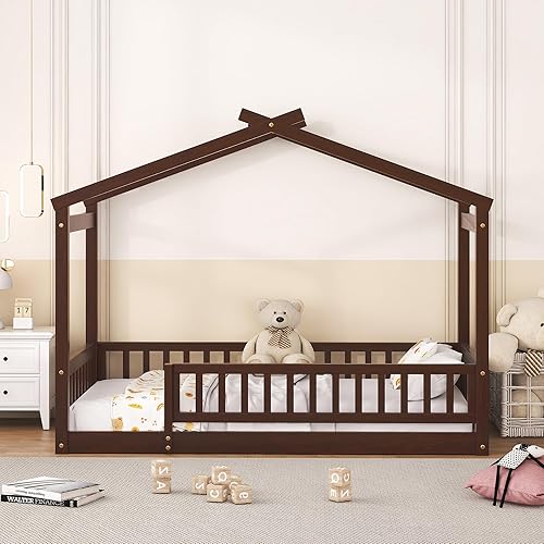 Miniatura 67 de MERITLINE Cama de casa completa para niños, marco de cama Montessori con rieles y techo, no necesita somier, para niños, adolescentes, niñas y niños