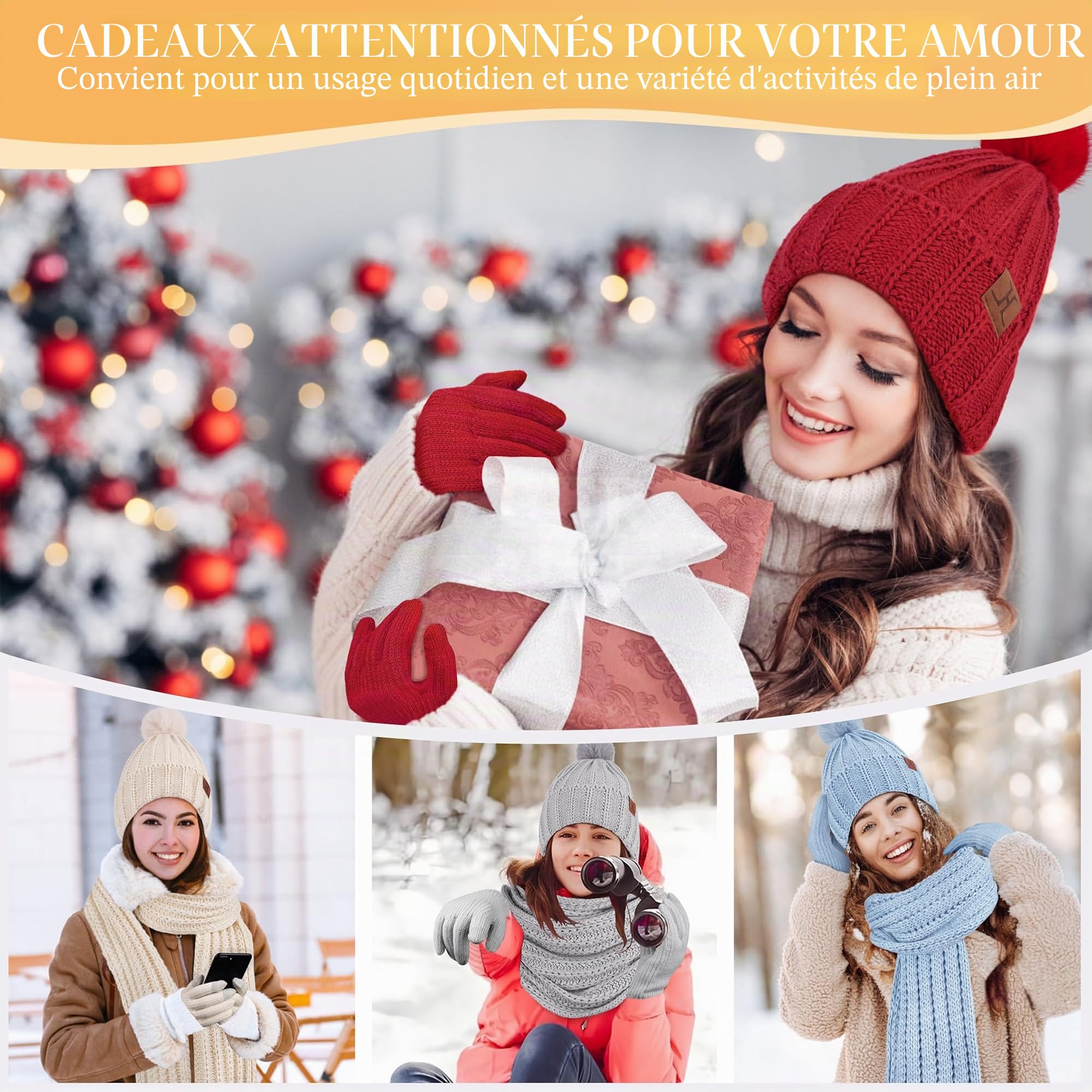 ZASFOU Femme Hiver Bonnet Chapeau Foulard Écran Tactile Gants Tricot Torsadé Ensemble Pompon Polaire Doublé Casquette Écharpe Gant Cadeaux Femmes