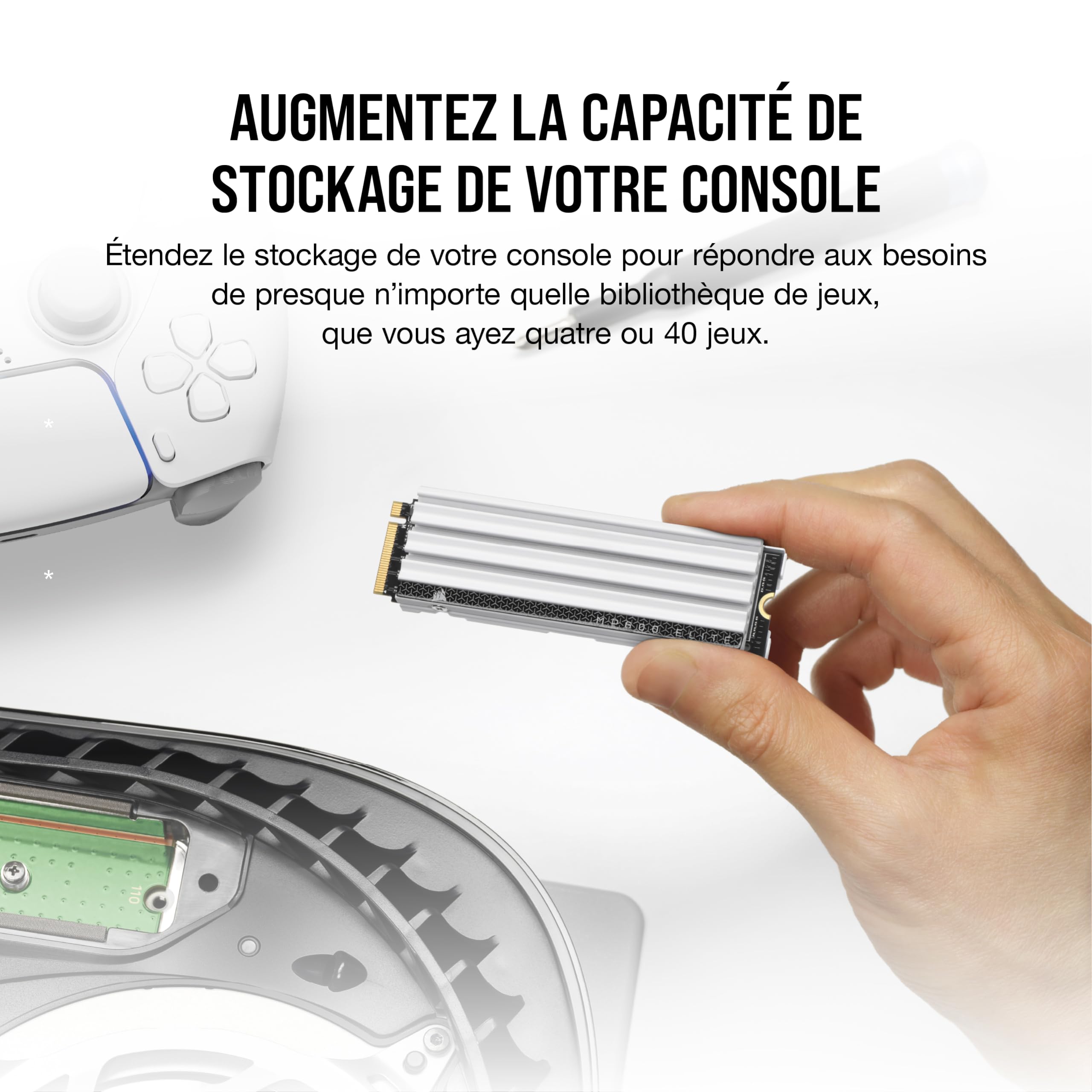Corsair MP600 Elite 2 to M.2 PCIe Gen4 x4 NVMe SSD - Optimisé pour PS5 - Dissipateur Thermique Inclus - M.2 2280 - Lecture Séquentielle Jusqu'à 7 000 Mo/s - 3D TLC NAND Haute Densité - Blanc
