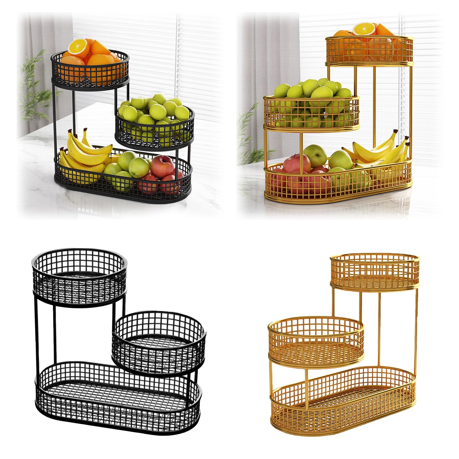 Obstkorb Etagere 3 Stöckig Fruit Basket Obstschale Obstaufbewahrung für Mehr Platz auf der Arbeitsplatte - Hält Obst & Gemüse Frisch - Metall Obstständer (Schwarz, 42X32X21cm)