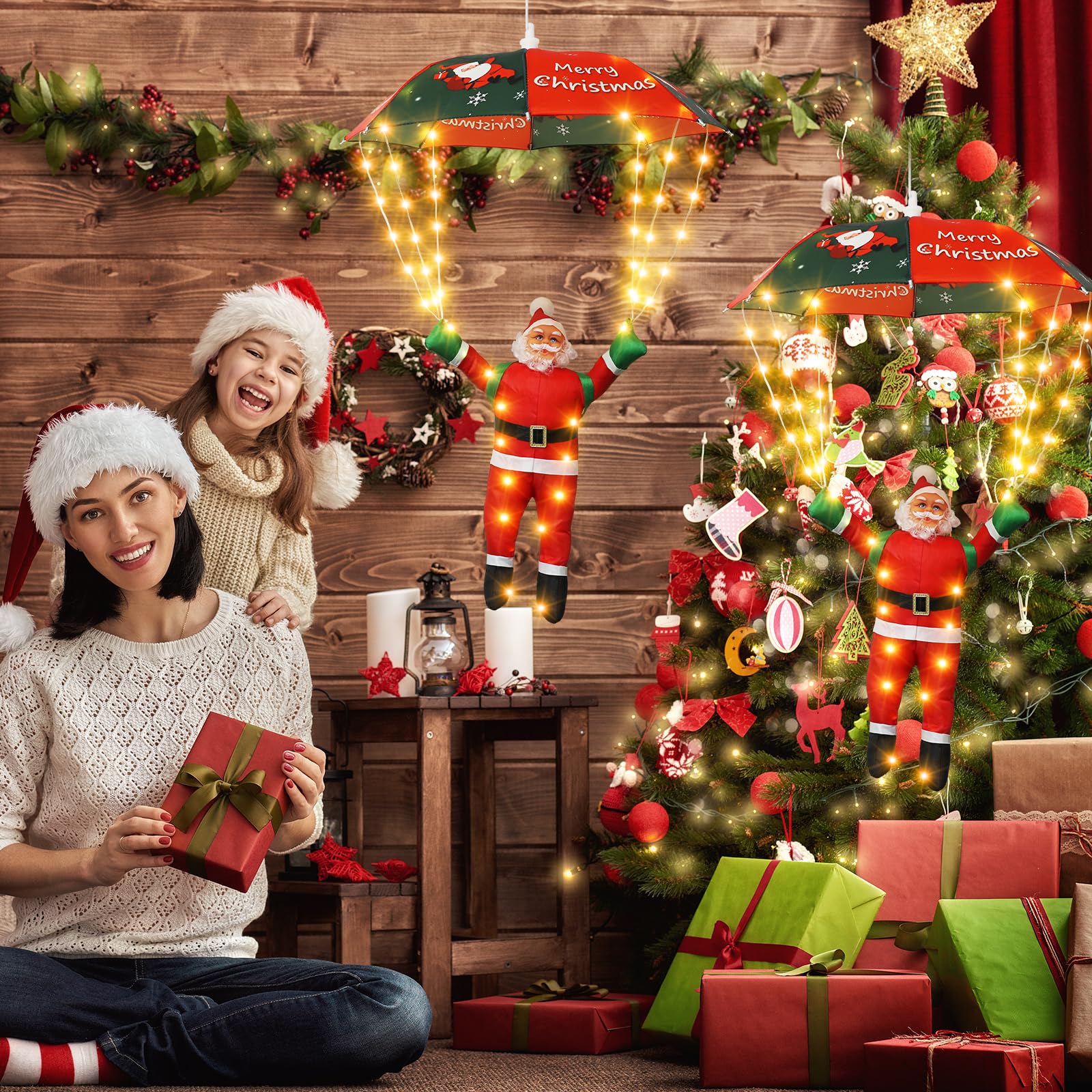 Luci a forma di paracadute di Babbo Natale, 8 modalità di luci natalizie con timer, funzione di memoria, luci a LED sospese per decorazioni natalizie per interni ed esterni (bianco caldo)