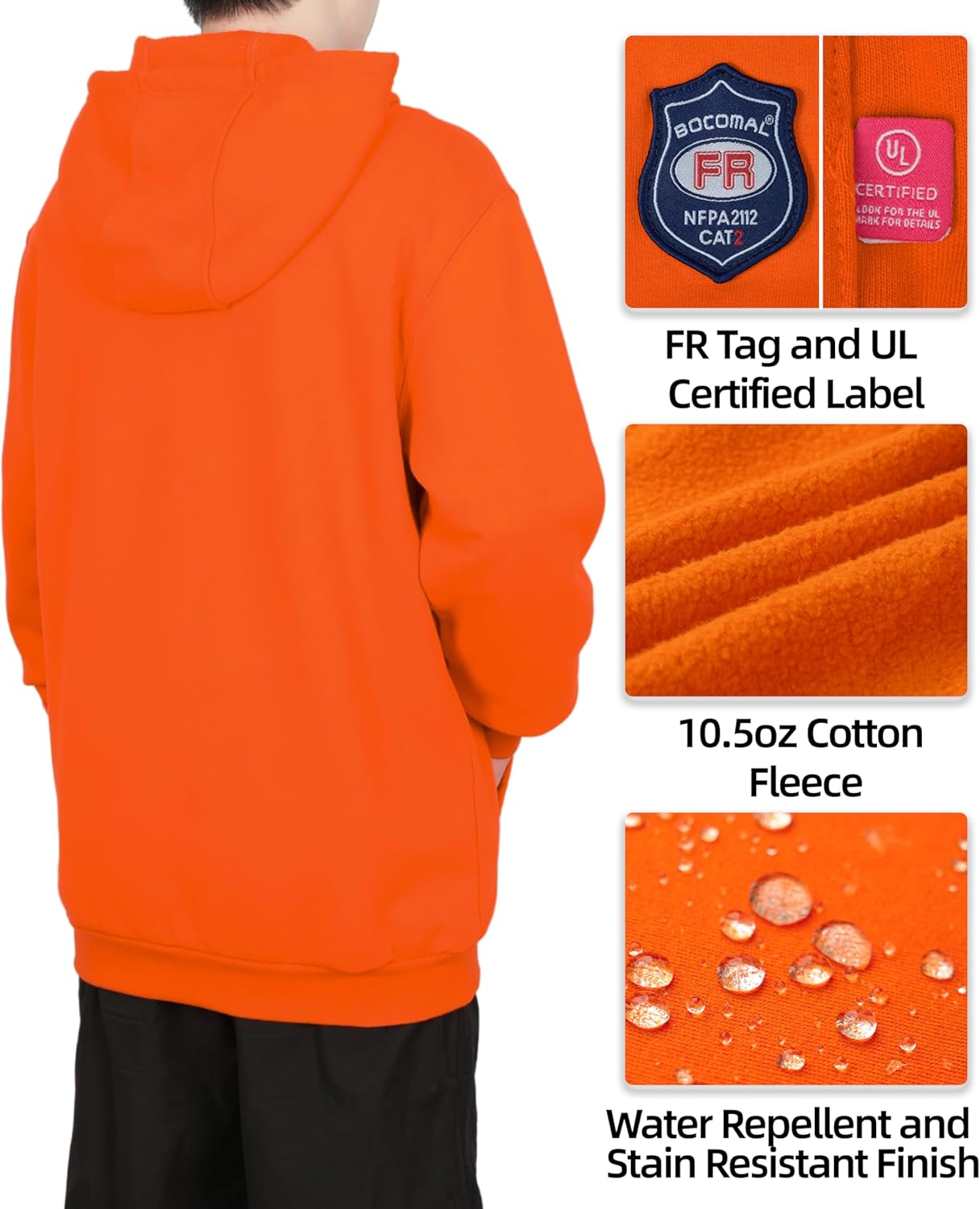 BOCOMAL FR Hoodies Pullover 10.5oz Cotton Fleece Flame Resistant Hooded Sweatshirts - Image 3