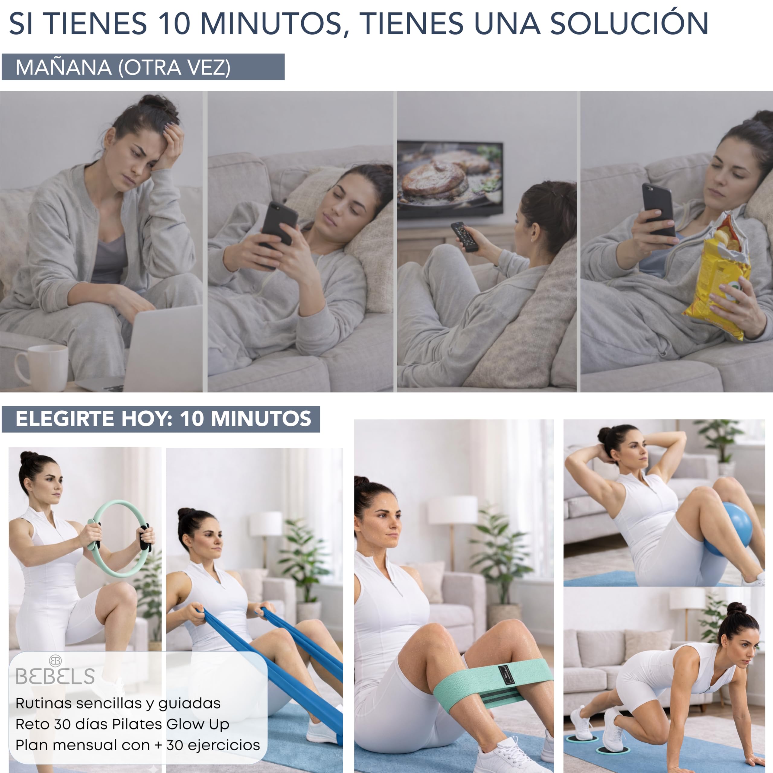 Bebels Pilates Kit, Kit Pilates en casa, Pilates en casa, Kit Gimnasio en casa,Ejercicio en casa, aro Pilates, Bandas elasticas, Pelota Pilates pequeña, Sliders Fitness, Cintas elasticas musculacion