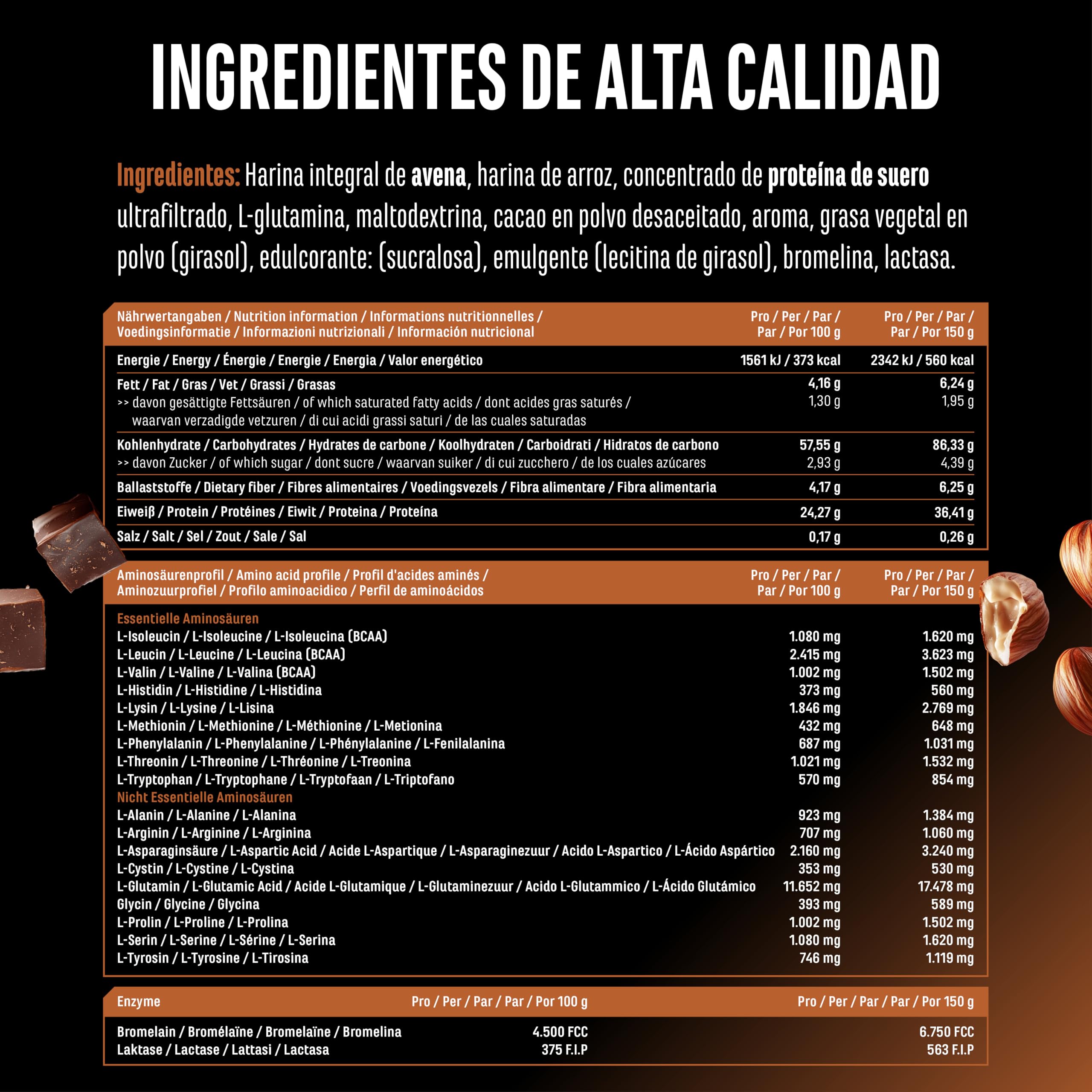 Clean Weight Gainer - 3 kg - Con Hidratos de Carbono Complejos y Proteína - Ideal para la Fase de Volumen - Polvo para Ganar masa y Peso - Vegetariano - Sabor Hazelnut Nougat