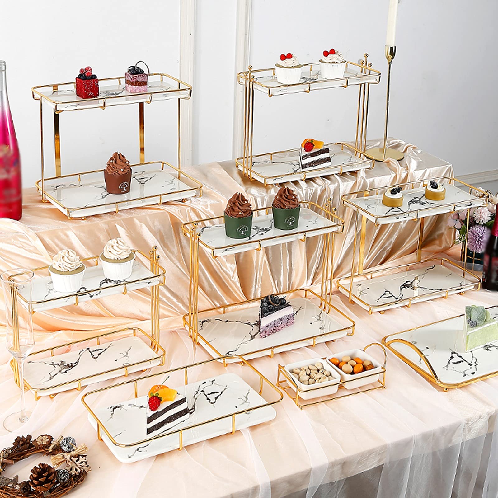 Bandejas para Tartas Mesa de cupcake rectangular Mesa de postre de cerámica europea con soporte de metal Torta de dos niveles Pantalla Pantalla de pastelería decorativa Soporte para Cupcakes