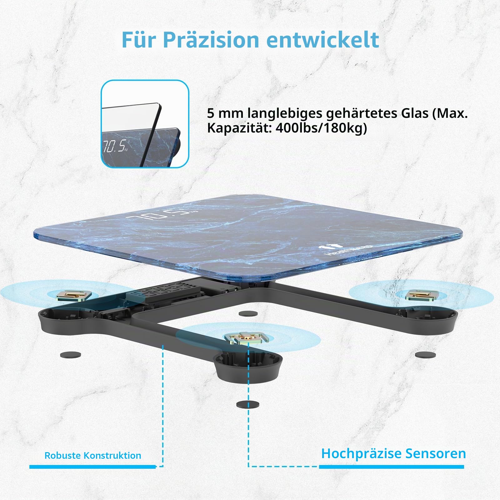 Healthkeep Digitale Personenwaage, hohe Präzision, mit Step-on-Technologie, LED-Anzeige, schlankes Design, max. 180 kg/400 lb, marmorierblau