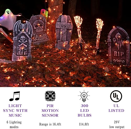 Miniatura 9 de Luces de Halloween para exteriores de 114.8 pies, 300 luces LED con sincronización de música, sonidos espeluznantes, decoraciones de Halloween,