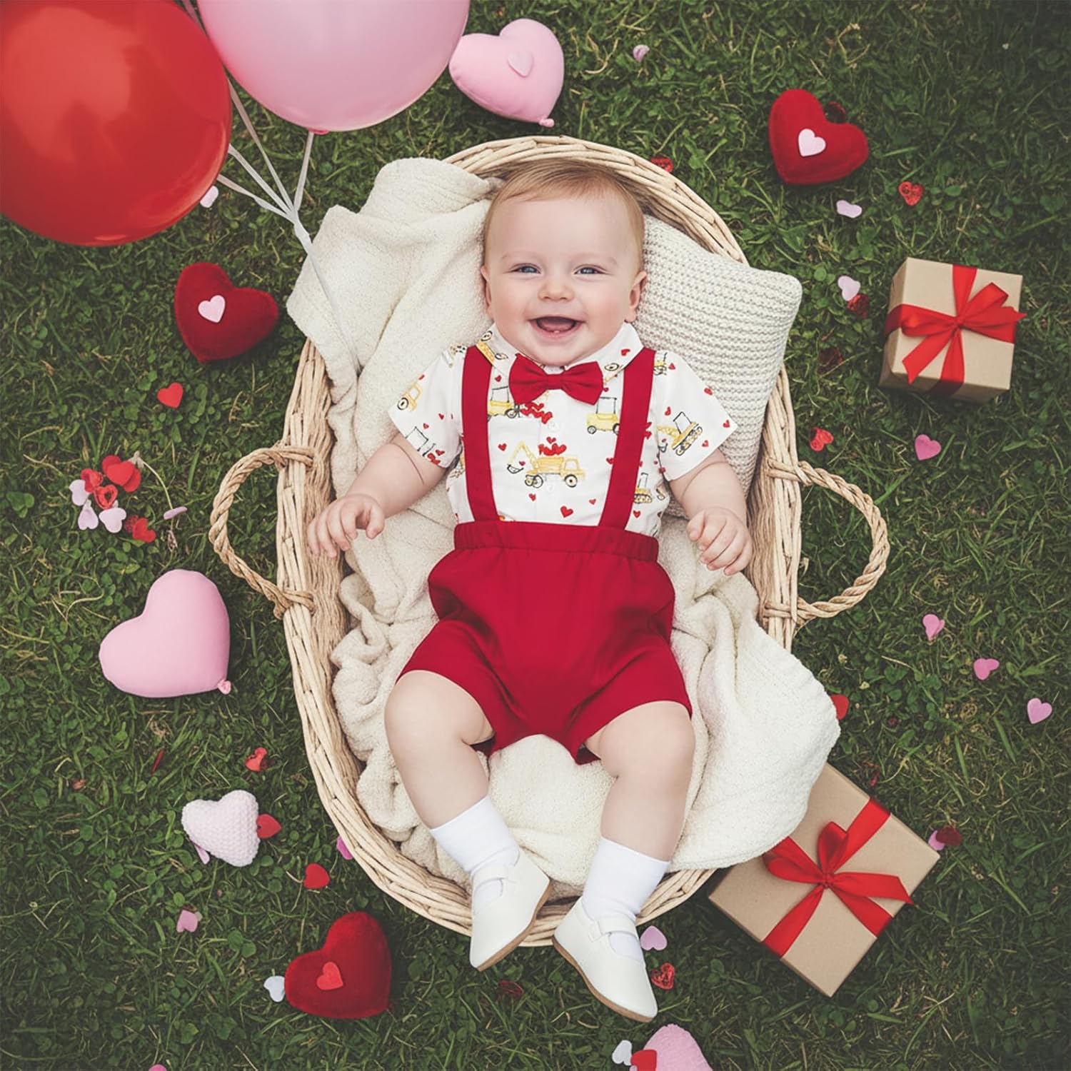 Infant Baby Boy Valentines Day Outfit Excavator Button Down Short Sleeve Dress Shirts Romper Suspender Shorts Set - Image 2