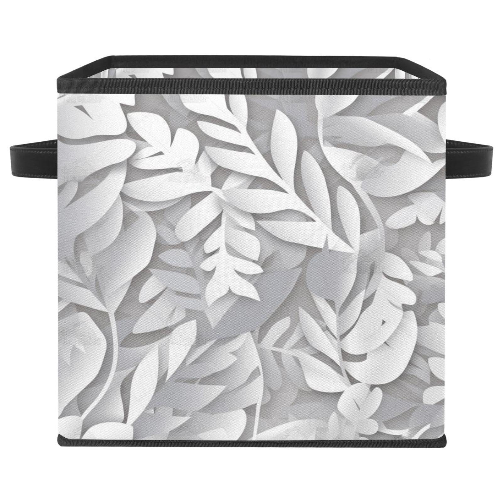 Boîte de rangement pliable motif feuilles blanches pour meuble et étagère