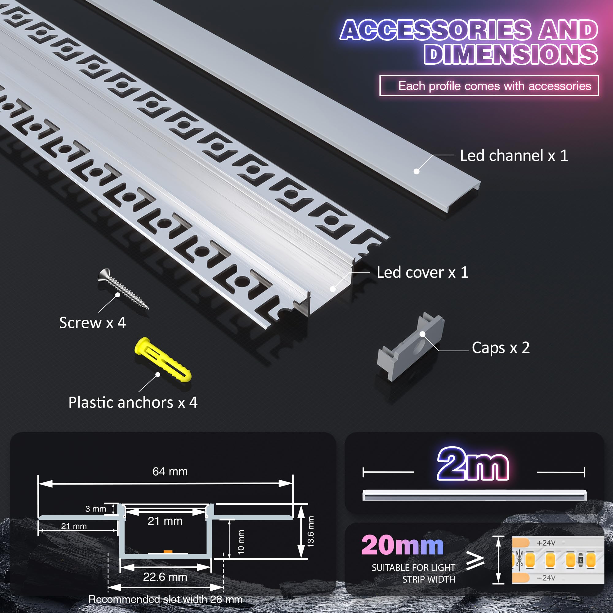 LED Aluminium Profil 30 x 2m(60m) Aluminium Trockenbauprofil für LED Streifen bis 20 mm Breite mit milchweißer PC-Abdeckung und Zubehörset(SP44)