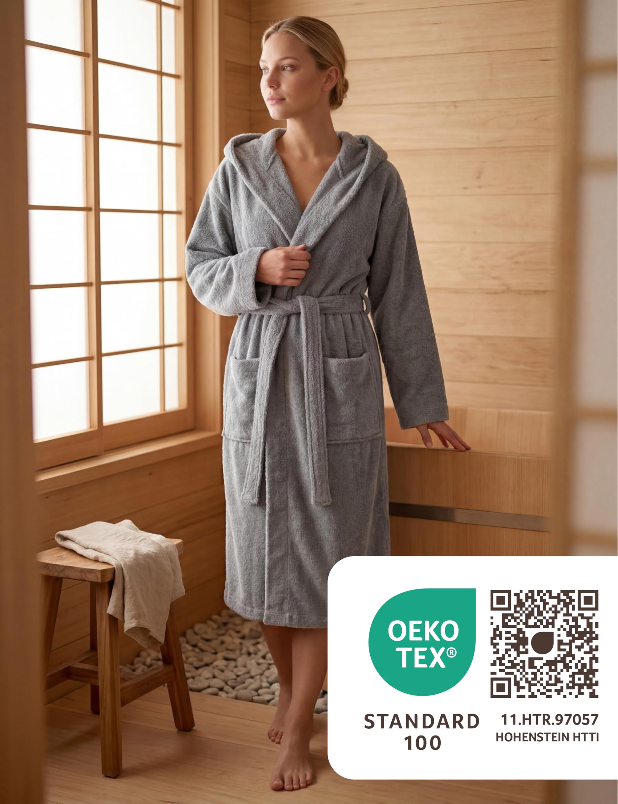 Szlafrok Damski Średniej Długości z Kapturem – 100% Bawełna Frotte 380 g/m² – Szlafrok Kąpielowy, Spa i Domowy, Długość do Łydki, Miękki, Chłonny, Rozmiary S–XXL