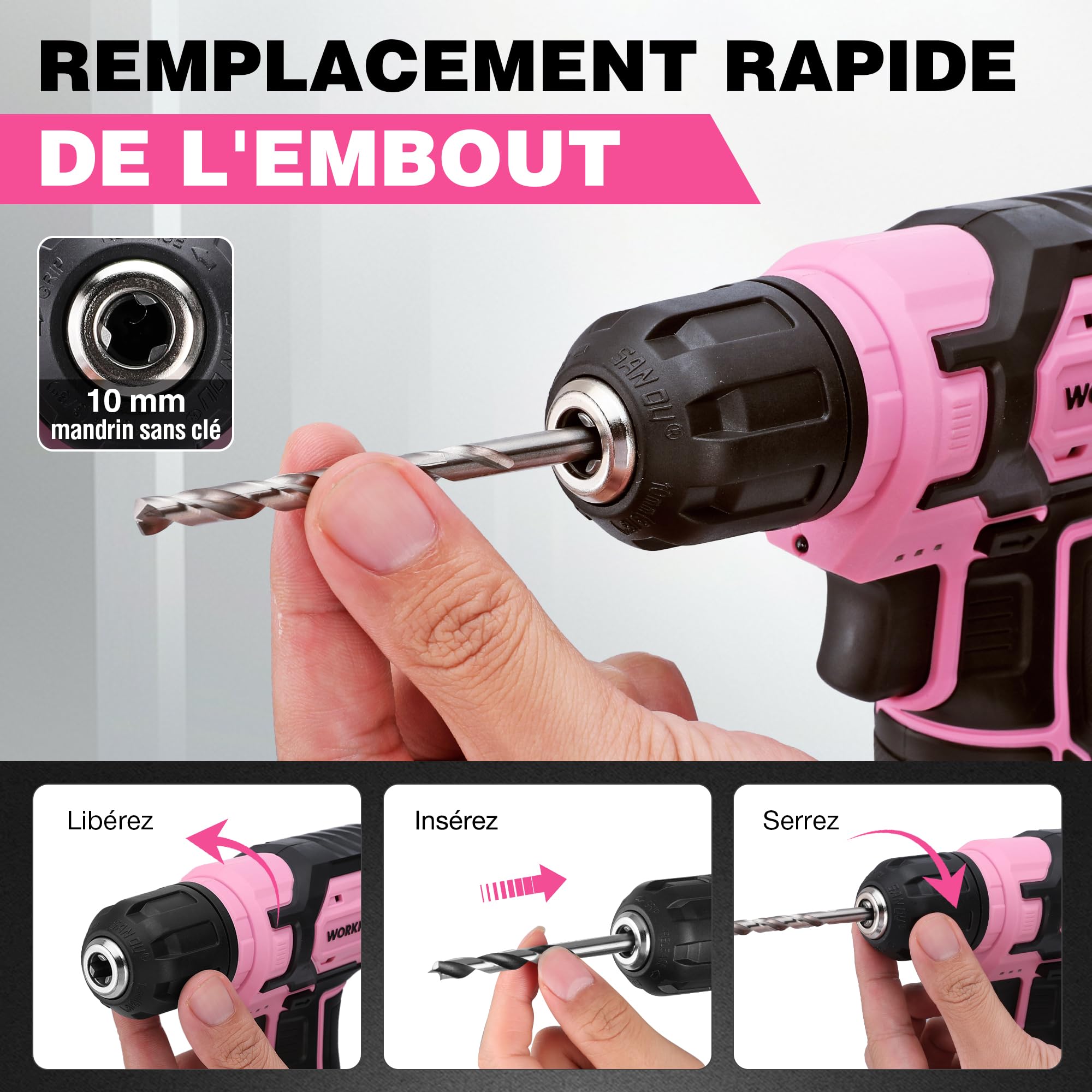 WORKPRO Perceuse Visseuse Sans Fil 8V, Mandrin 10mm, Kit 21 Pièces | Visseuse 2 en 1 avec LED, Charge USB-C, Accessoires 22 pièces pour Réparation Maison et DIY