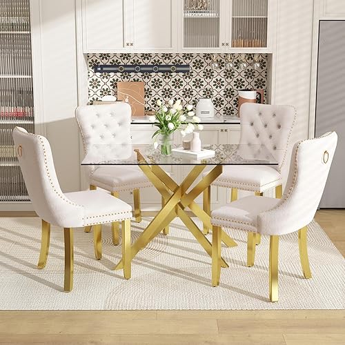 Miniatura 10 de Juego de mesa de comedor de vidrio de 51 pulgadas para 4, mesa de cocina rectangular de vidrio con 4 sillas decorativas tapizadas de terciopelo,