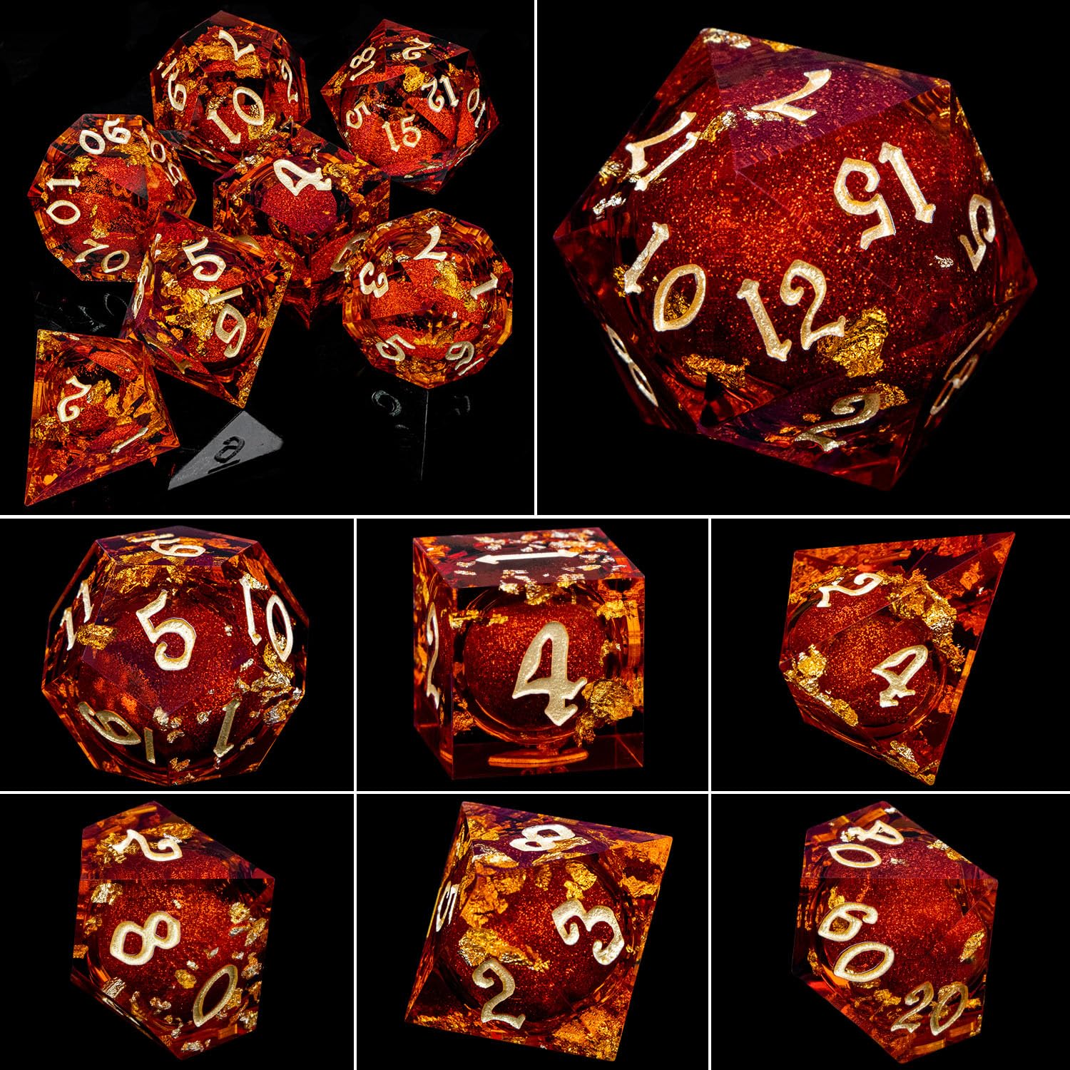 ARUOHHA Liquid Core - Set di 7 dadi in resina con bordi affilati, compatibili con giochi di ruolo di D&D, con numeri dorati, Dungeons rossi, con confezione regalo, set di dadi D e D D20 D10 D6