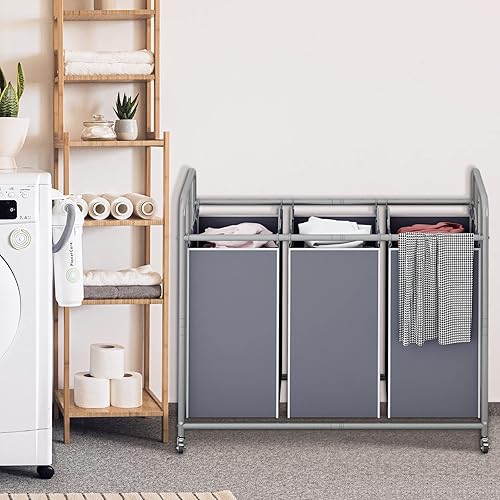 Miniatura 3 de SUOERNUO Cesta clasificadora de ropa sucia con 3 bolsas con ruedas enrollables y bolsas extraíbles, carrito organizador de lavandería para