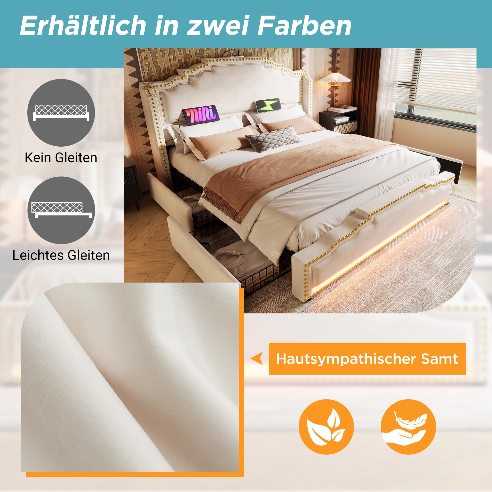 Łóżko tapicerowane 180 x 200 cm, podwójne łóżko z 4 szufladami i oświetleniem LED, przyłącze ładowania USB-C, łóżko do przechowywania ze stelażem, aksamitne beżowe