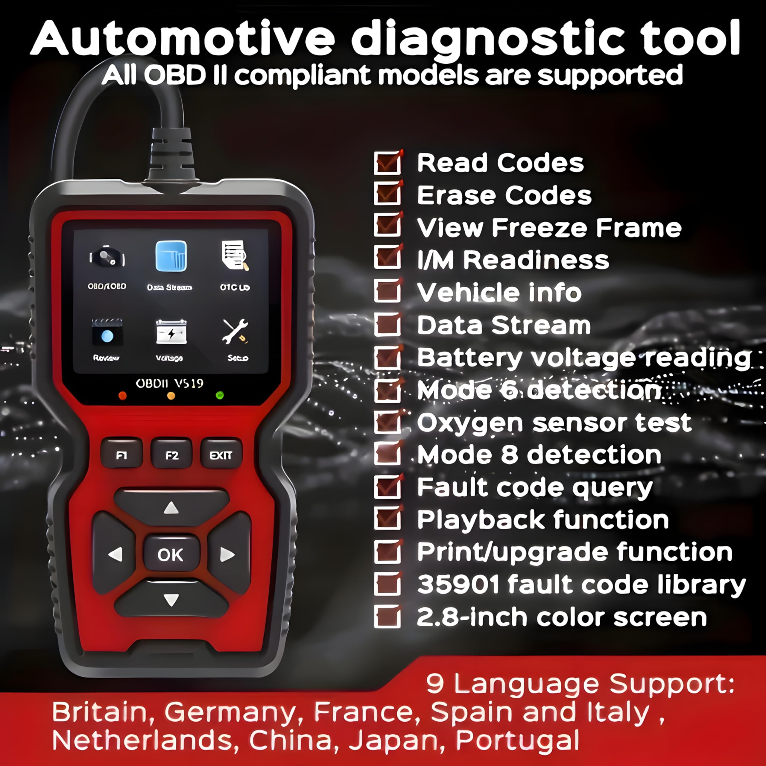 V519 Scanner OBD2 Auto Professionale, Diagnosi OBDII EOBD, Lettore e Cancellatore di Codici di Errore Motore, Check Engine, Dati in Tempo Reale, I/M Ready, ITV