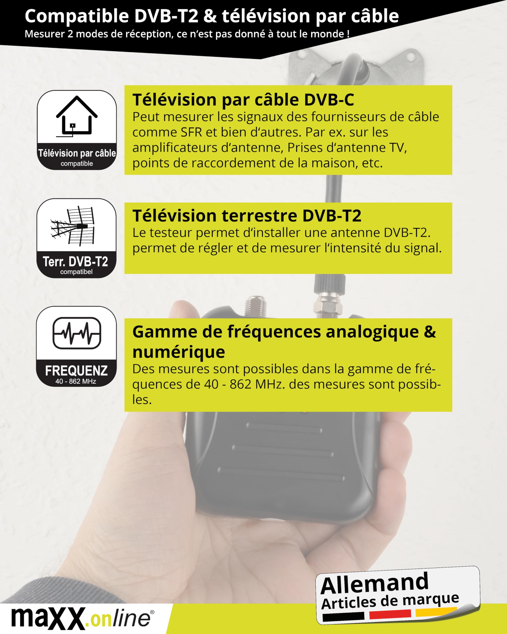 Testeur de signaux DVB-T2/DVB-C, mesurer le signal d'antenne, vérifier l'intensité du signal de la télévision par câble, testeur de télévision par câble analogique/numérique