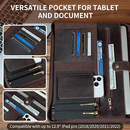 Miniatura 4 de Cuaderno de notas de cuero de caballo loco vintage hecho a mano (A4), organizador de negocios con asa, para iPad ProMicrosoft Surface Protableta de