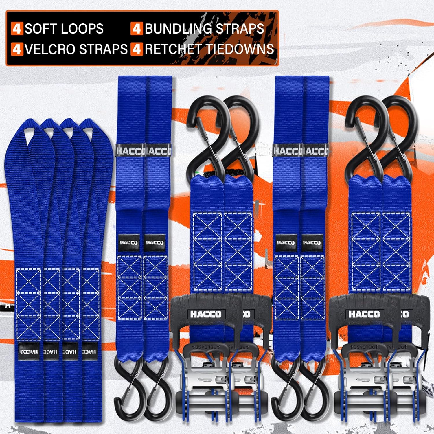 HACCOPLANET Ratchet Straps, 5280lb Break Strengeth, 1.6" Heavy Duty Ratchet Tie Down Strap Set w/Padded Handle, S Hook, Soft Loop for UTV Motorcycle Truck Cargo Straps (Blue, 16FT)