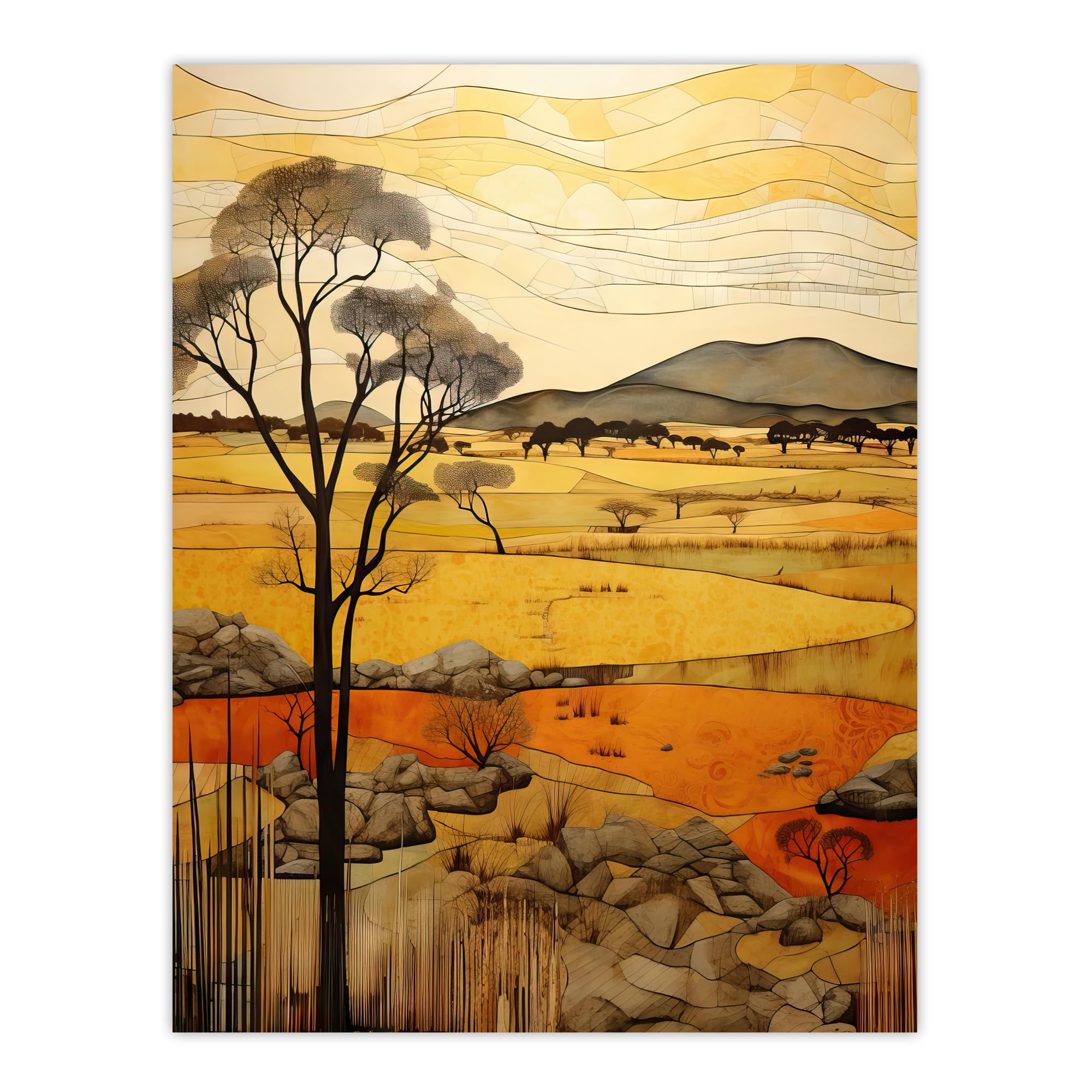Artery8 African Savannah Artwork Yellow Orange Ochre Tropical Grassland In Summer Large Wall Art Poster Print Thick Paper 18X24 Inch