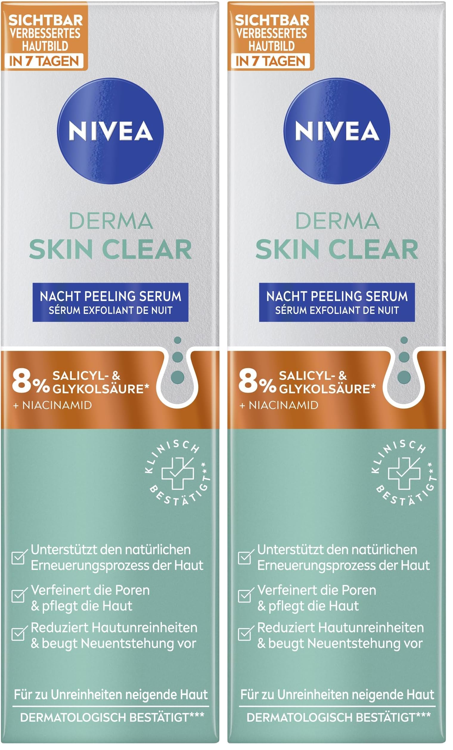 NIVEA Derma Skin Clear Nacht Peeling Serum, Gesichtspflege für ein sichtbar verbessertes Hautbild, porenverfeinerndes Niacinamide Serum Peeling mit AHA & BHA (40 ml) (Packung mit 2)