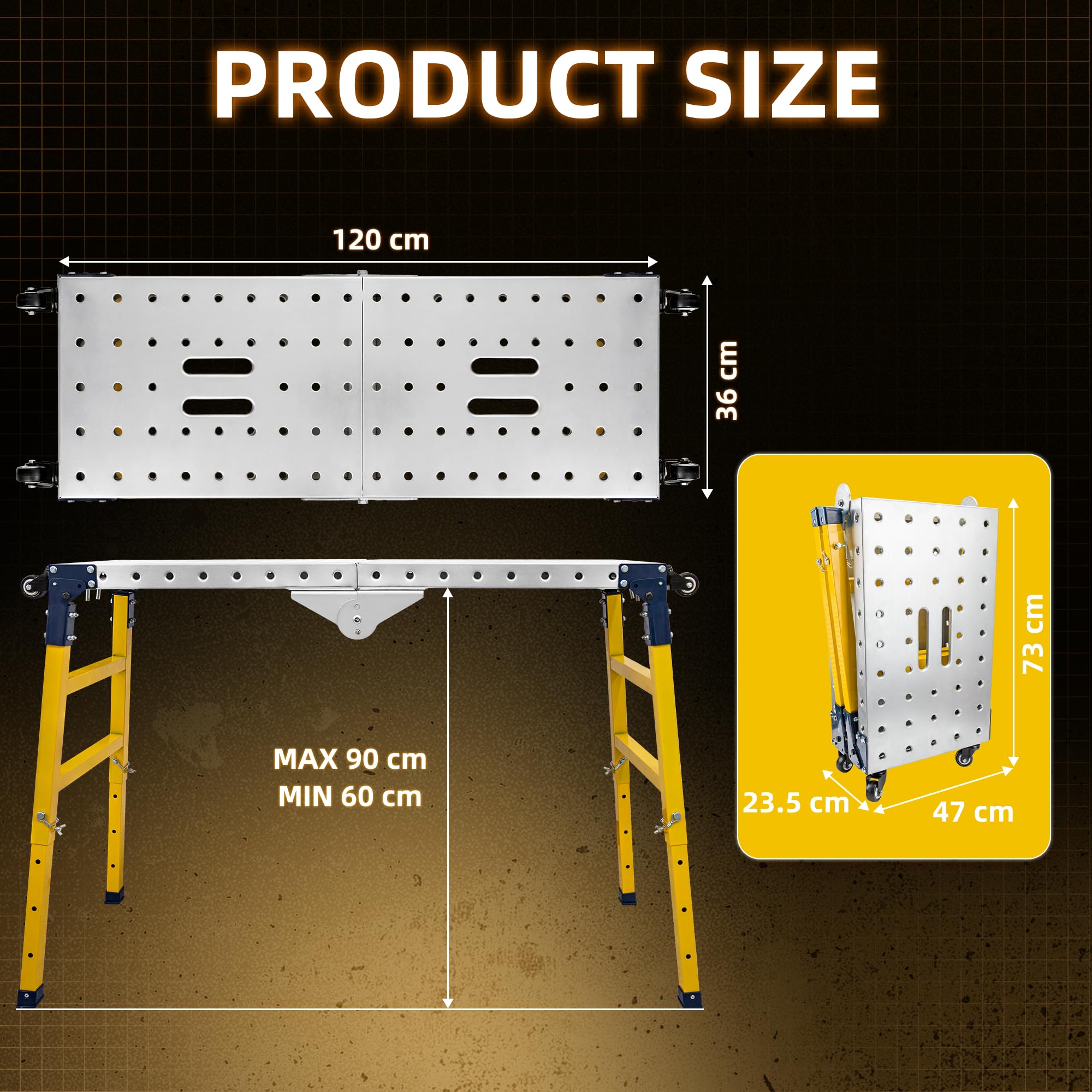 Plataforma de Trabajo de Chapa Galvanizada Andamio Portátil Mesa de Soldadura Ajustable Escalera Andamio Plegable, Capacidad de Carga de 500KG Altura Ajustable de 4 Velocidades 120 × 36 × 90 CM